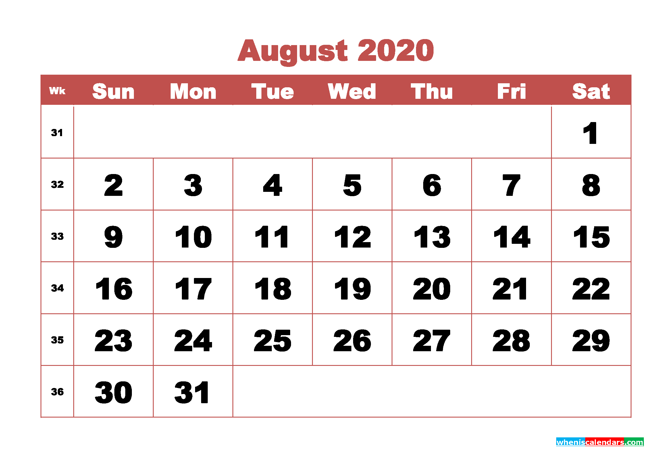 Blank Calendar for August 2020 Printable Word Format