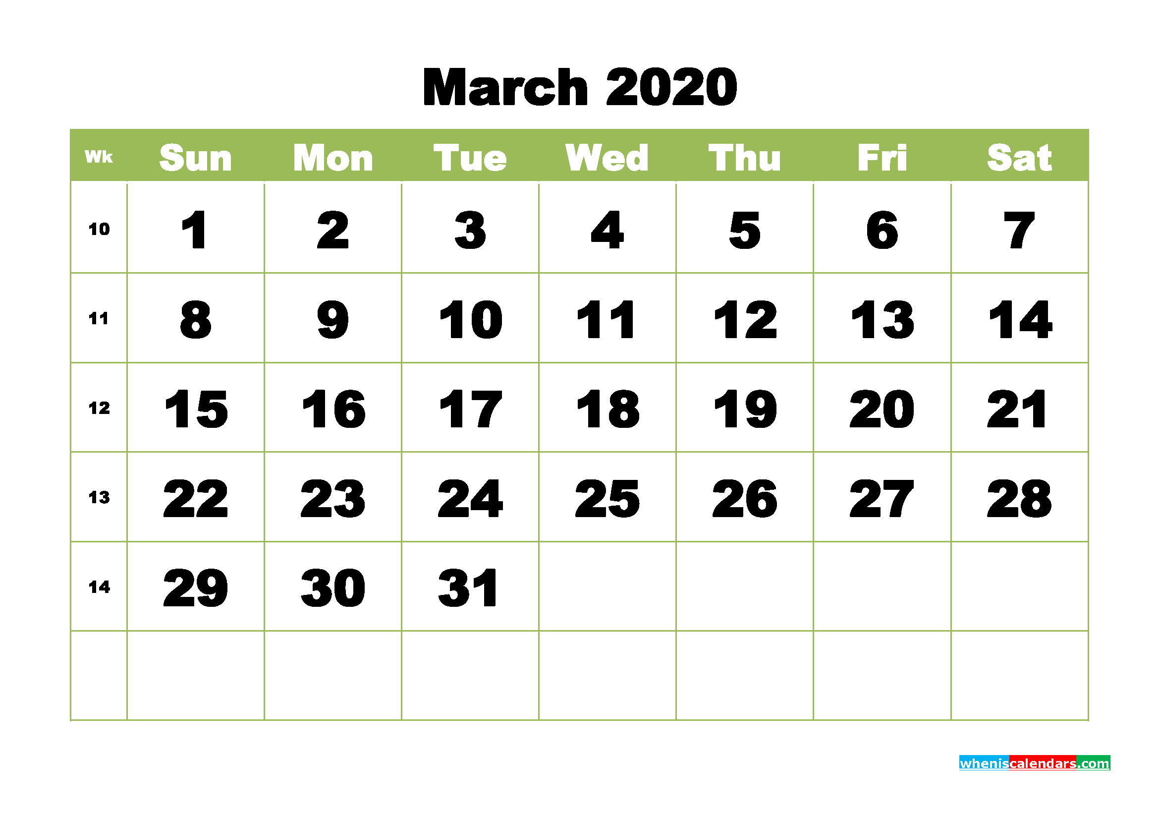 Printable 2020 Monthly Calendar with Week Numbers March