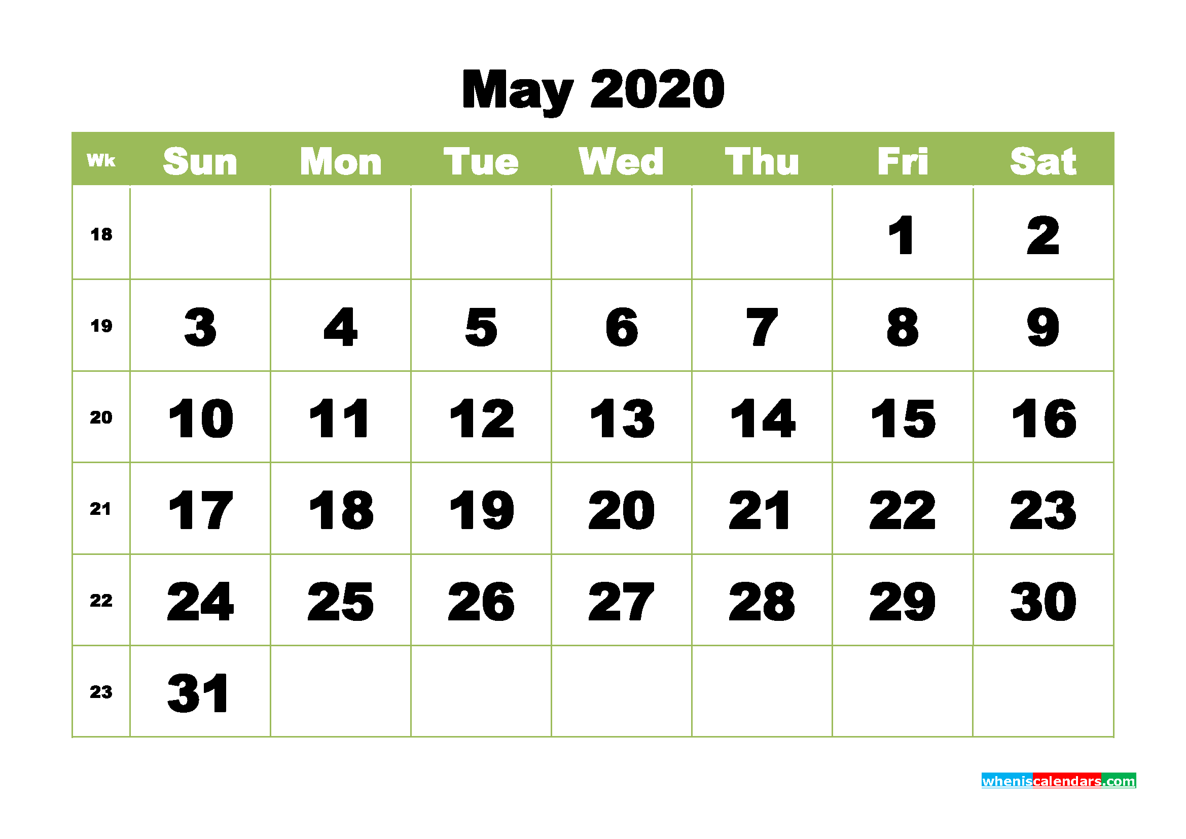 Printable 2020 Monthly Calendar with Week Numbers May
