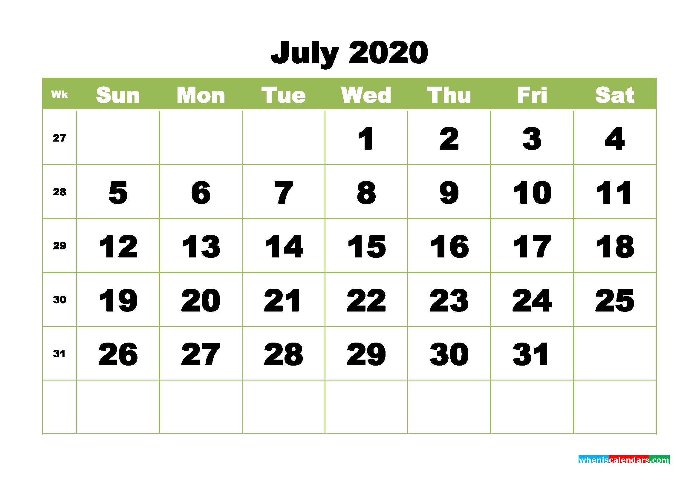 Printable 2020 Monthly Calendar with Week Numbers July