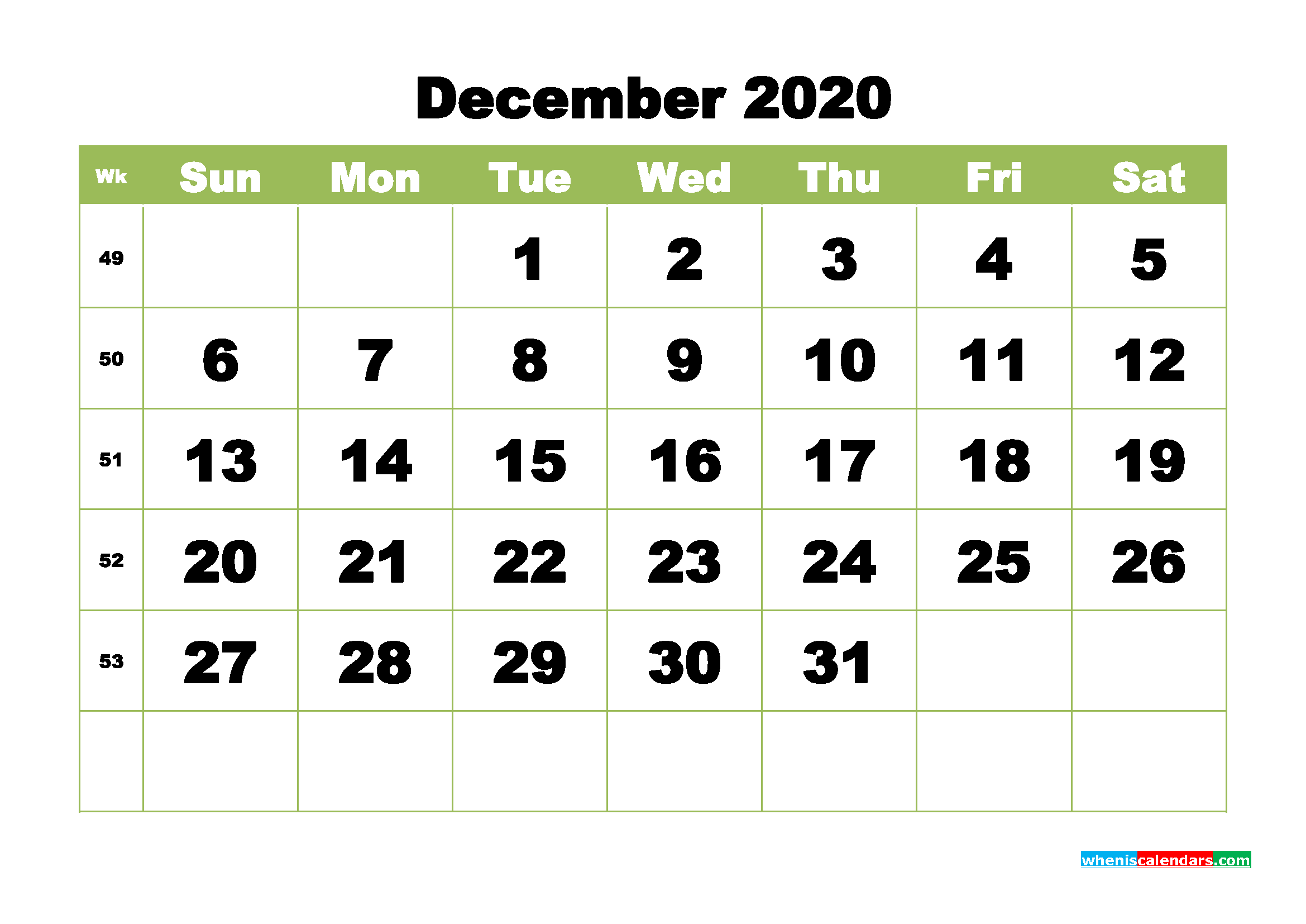 Free Printable Calendar December 2020 PDF, Word - No.m20b372