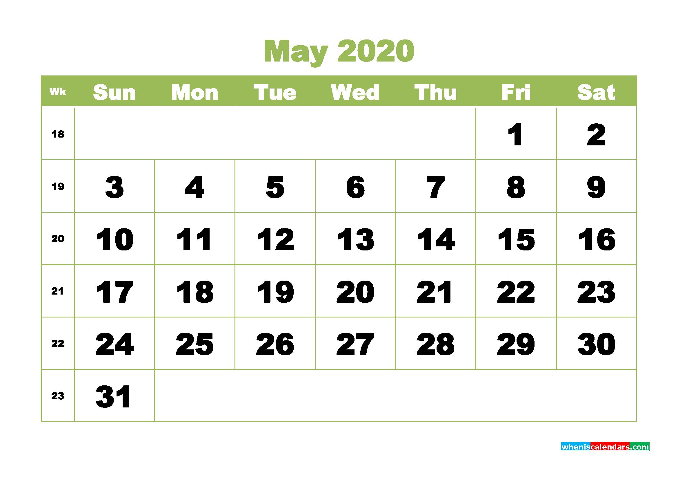 Blank 2020 May Calendar Printable Landscape Layout