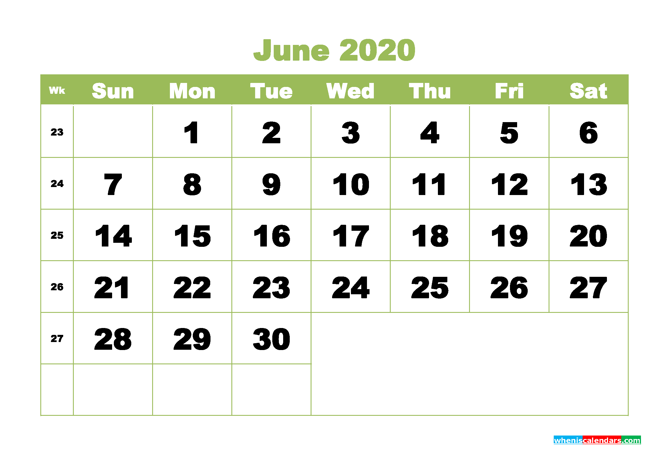 Printable 2020 Monthly Calendar with Week Numbers June
