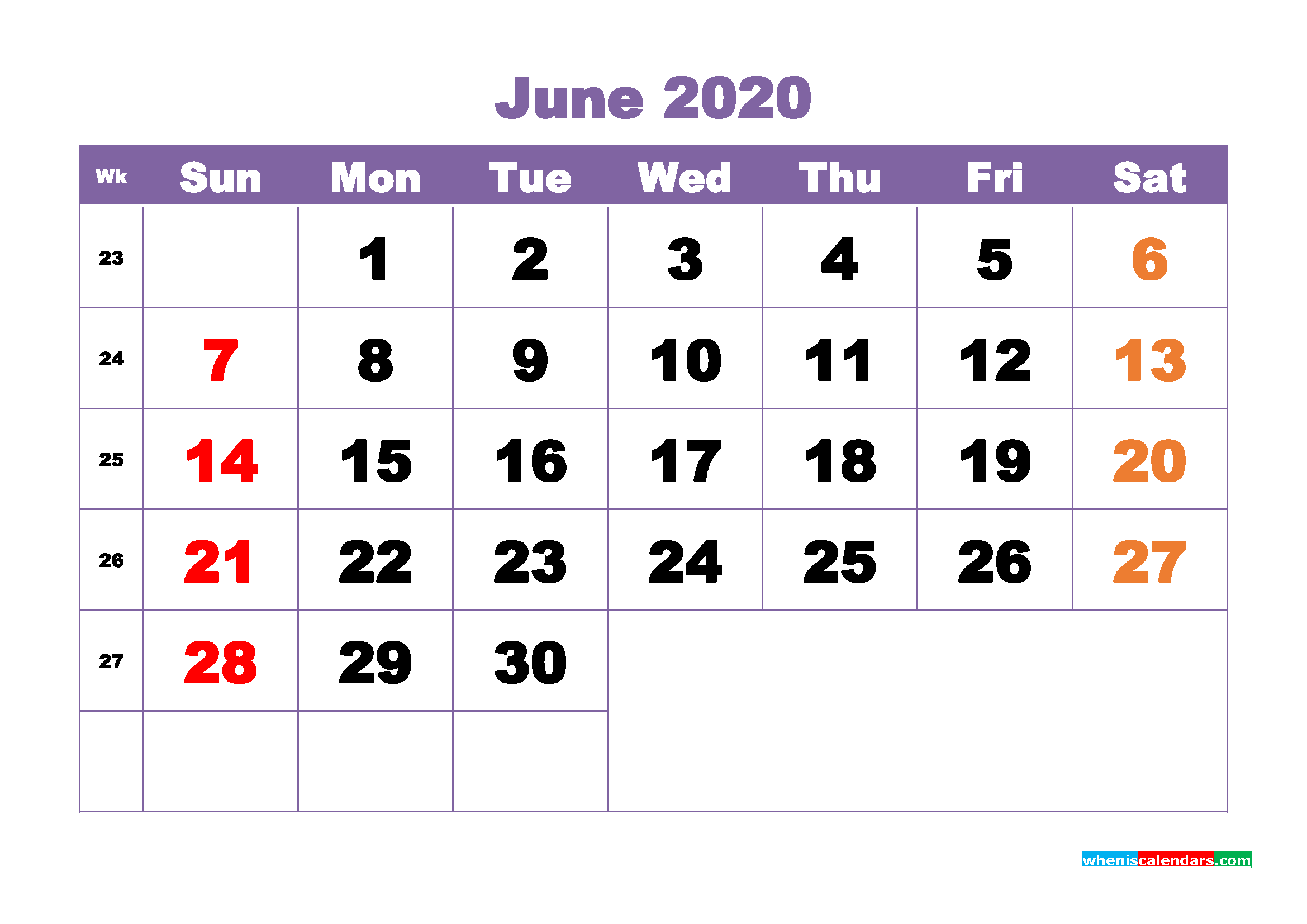 June 2020 Monthly Calendar Template Word