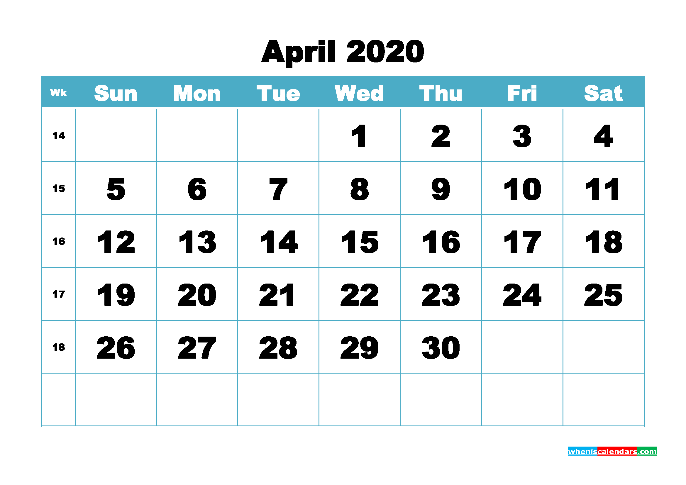 April 2020 Blank Calendar Printable Landscape Layout