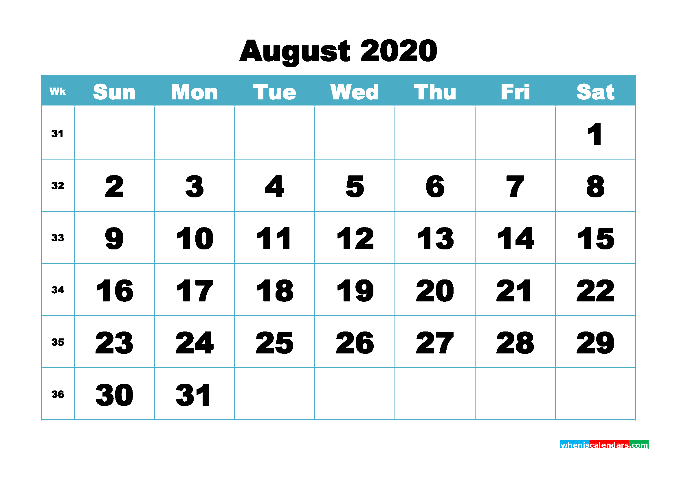 August 2020 Blank Calendar Printable Landscape Layout