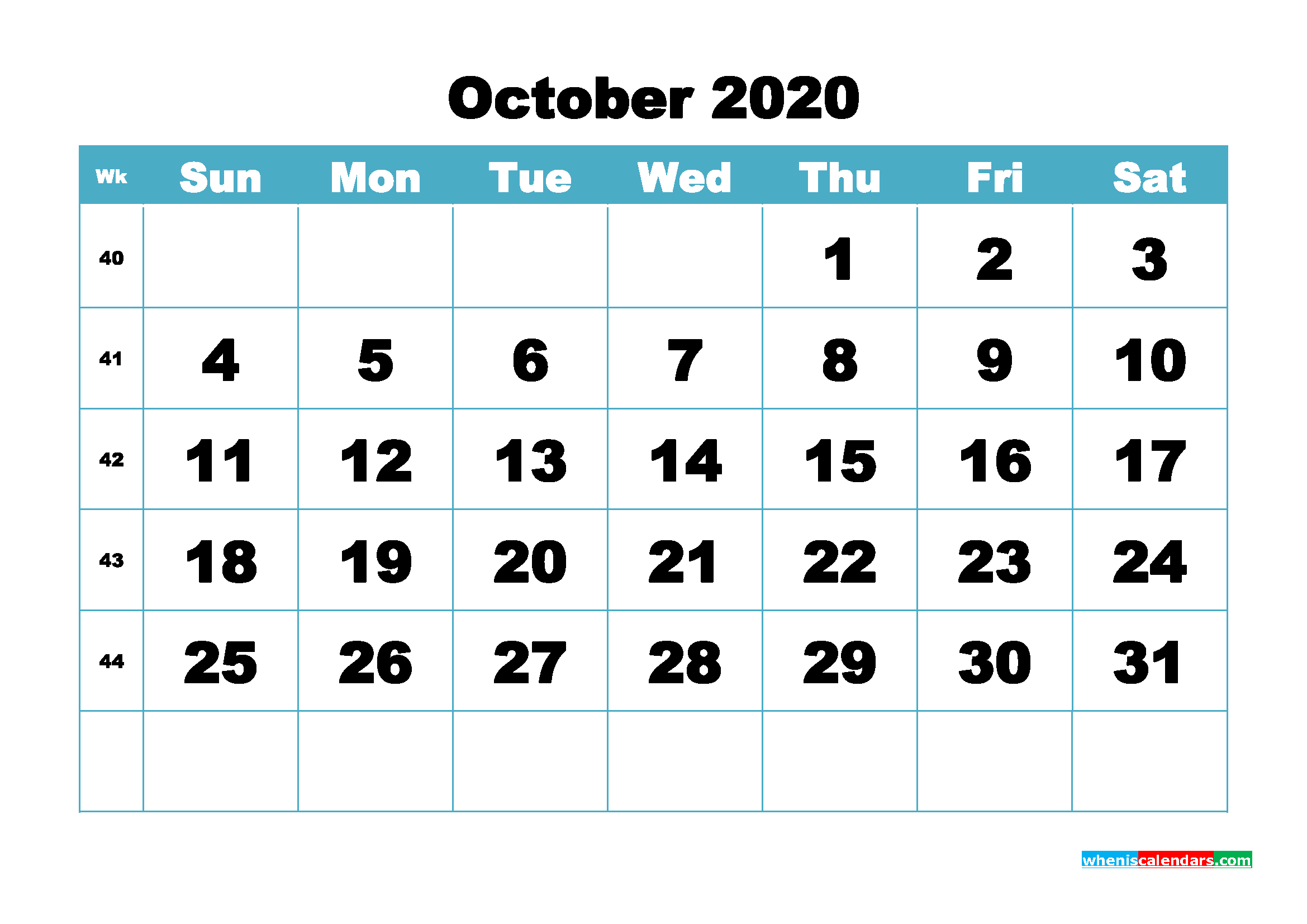 Blank October 2020 Calendar Printable - No.m20b418