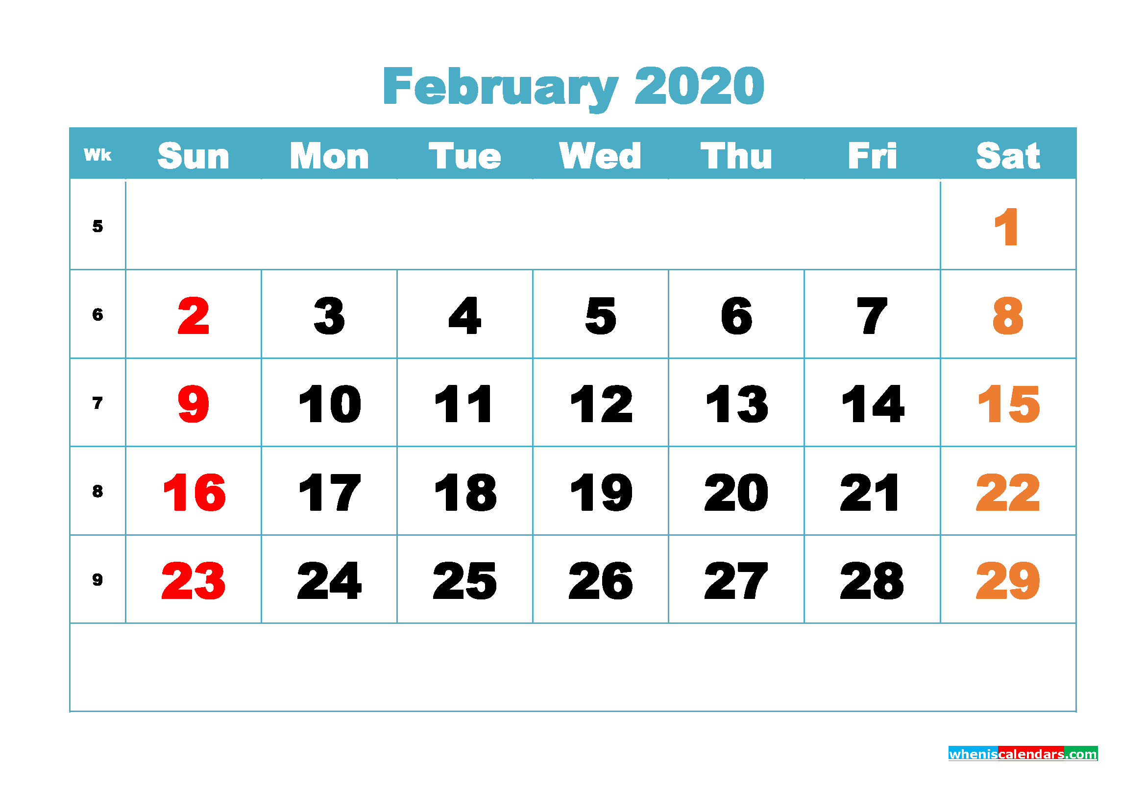 February 2020 Monthly Calendar Template Word