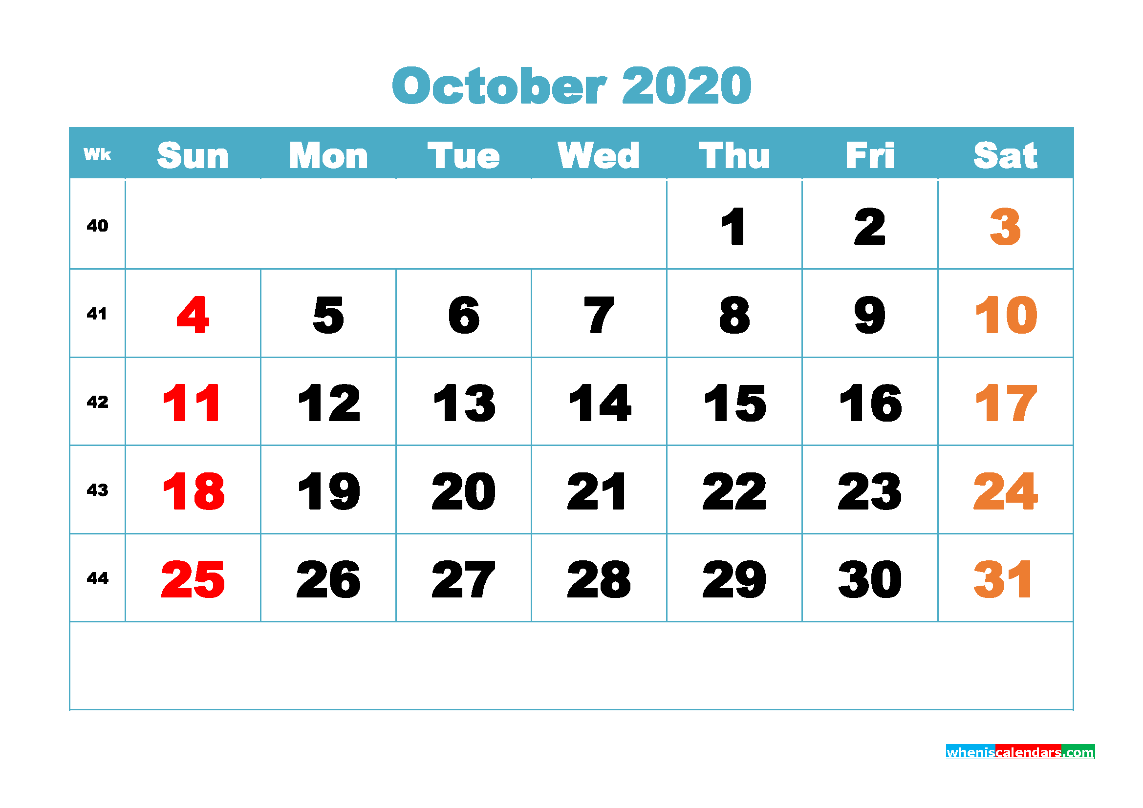 October 2020 Monthly Calendar Template Word