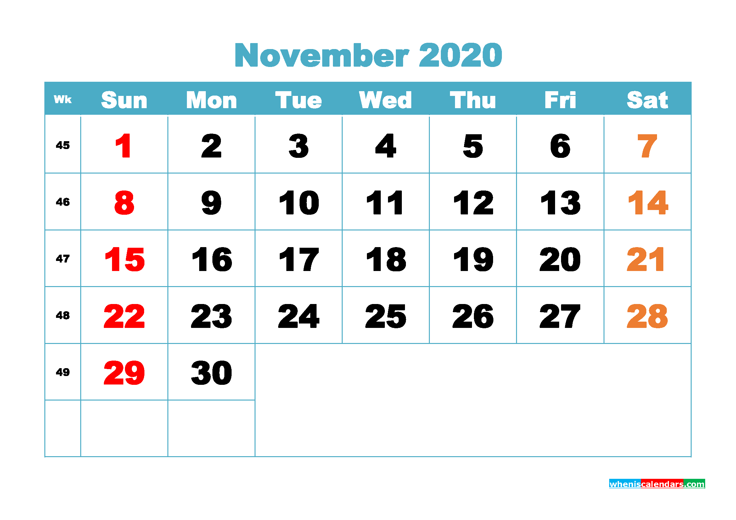 Blank Calendar November 2020 Printable Word, PDF, PNG