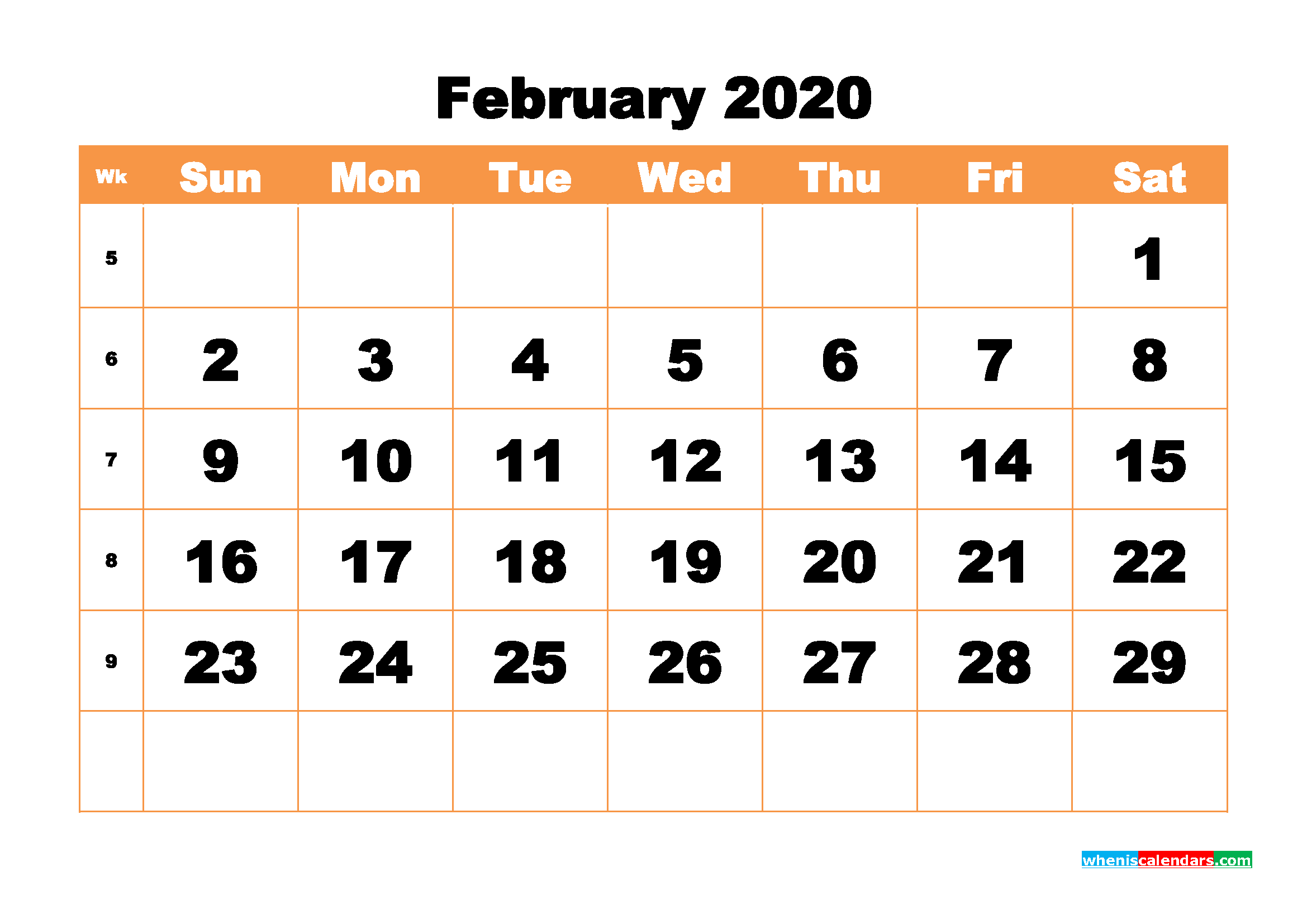 February Blank Calendar 2020 Printable Word, PDF, PNG