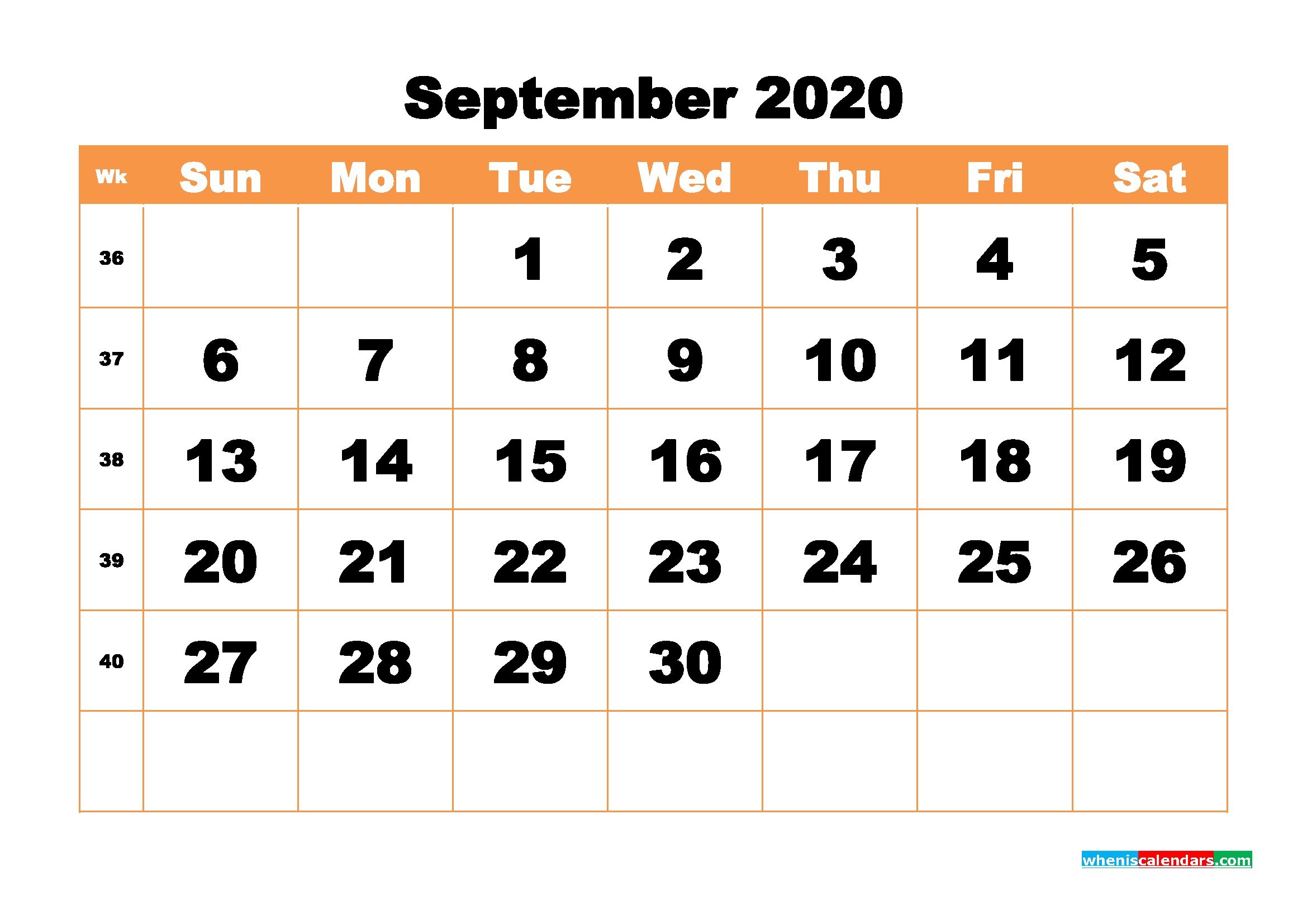 September Blank Calendar 2020 Printable Word, PDF, PNG