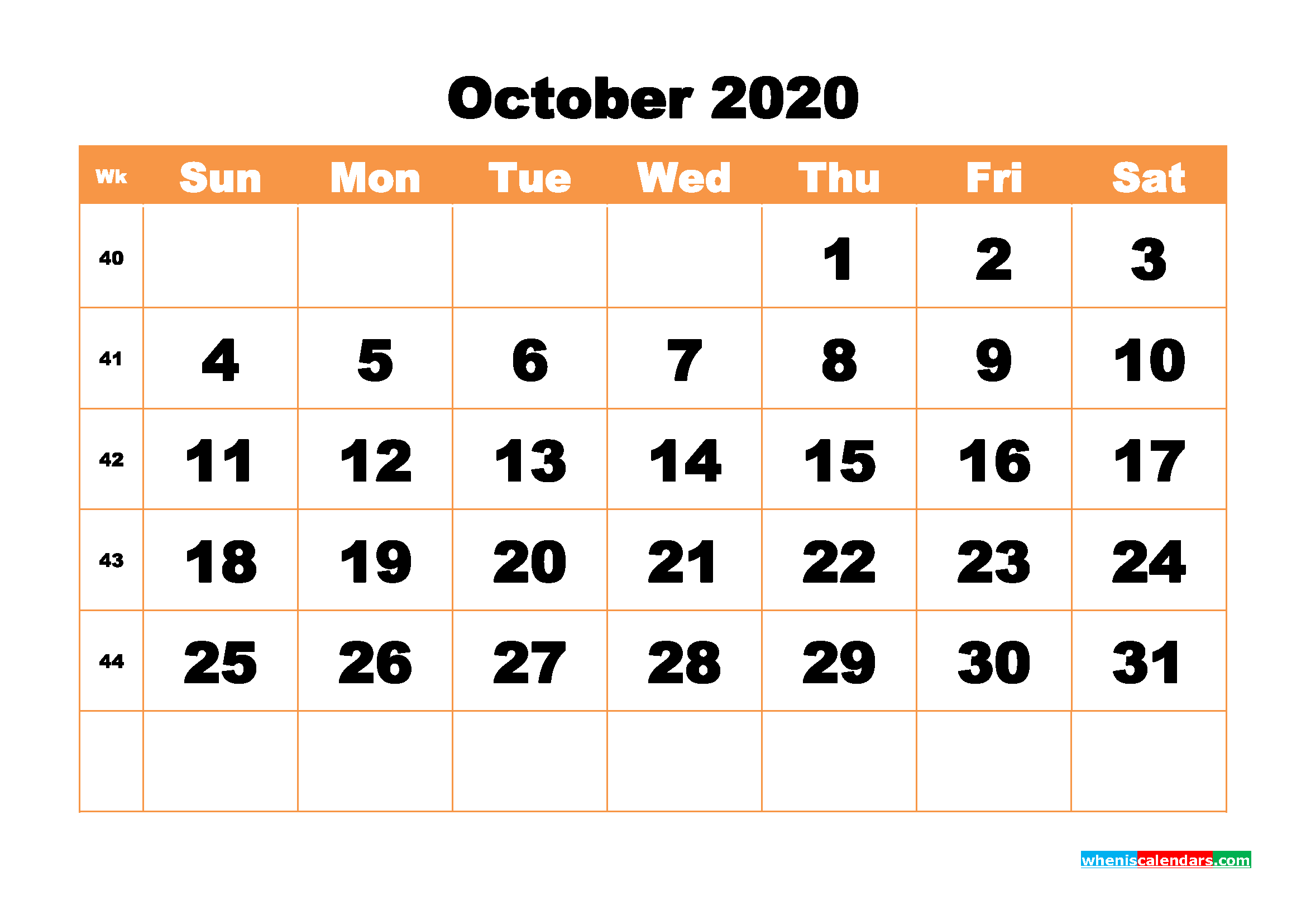 Free Printable Calendar October 2020 PDF, Word - No.m20b442