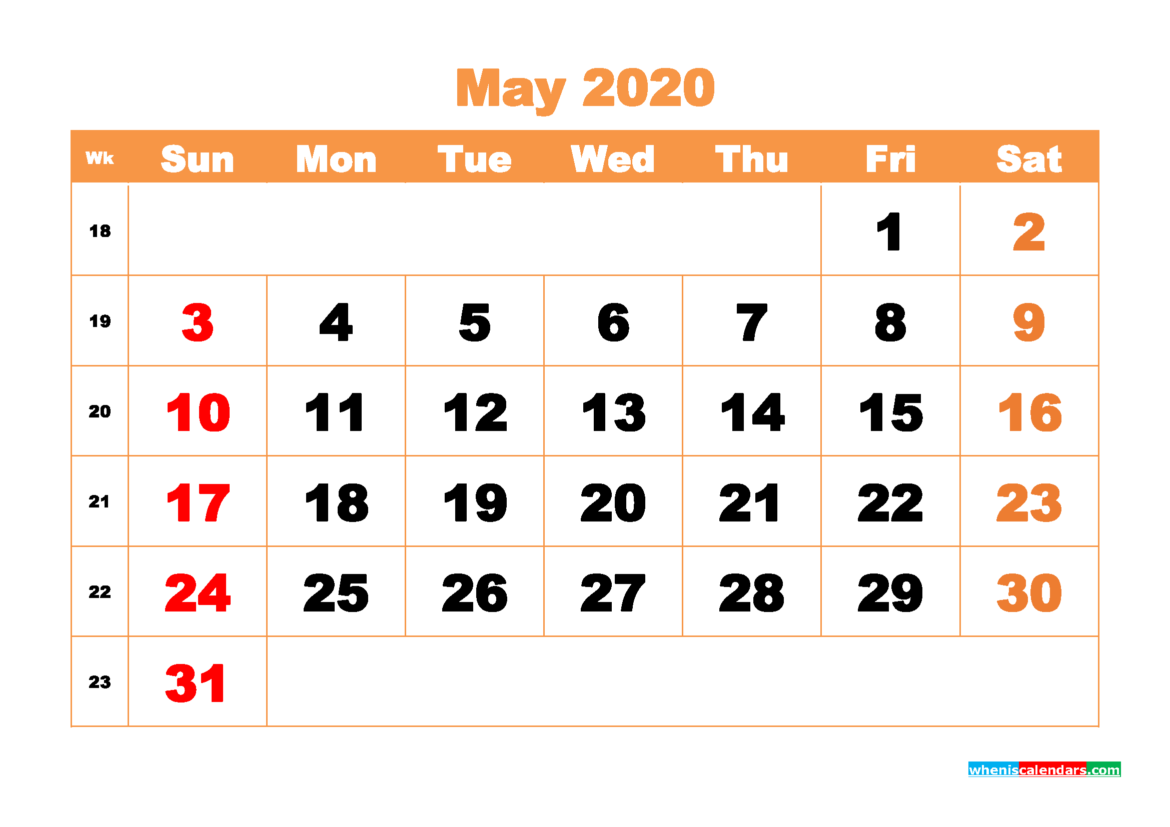 Printable 2020 Monthly Calendar with Week Numbers May