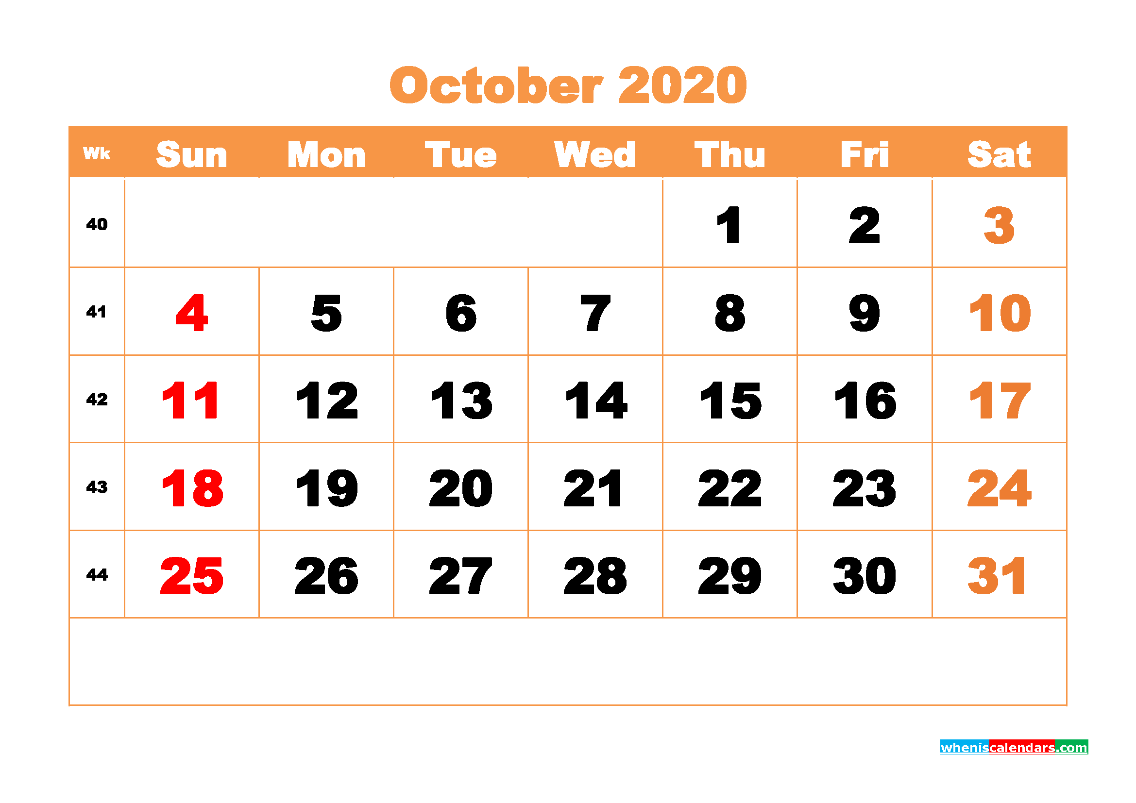 Printable 2020 Monthly Calendar with Week Numbers October
