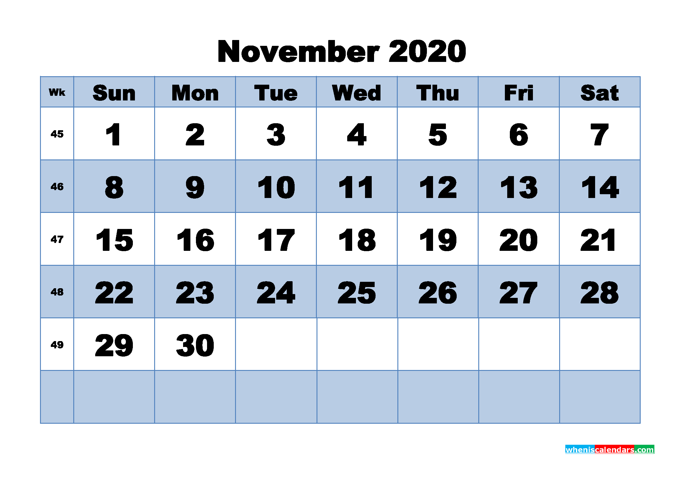 November 2020 Monthly Calendar Template Word