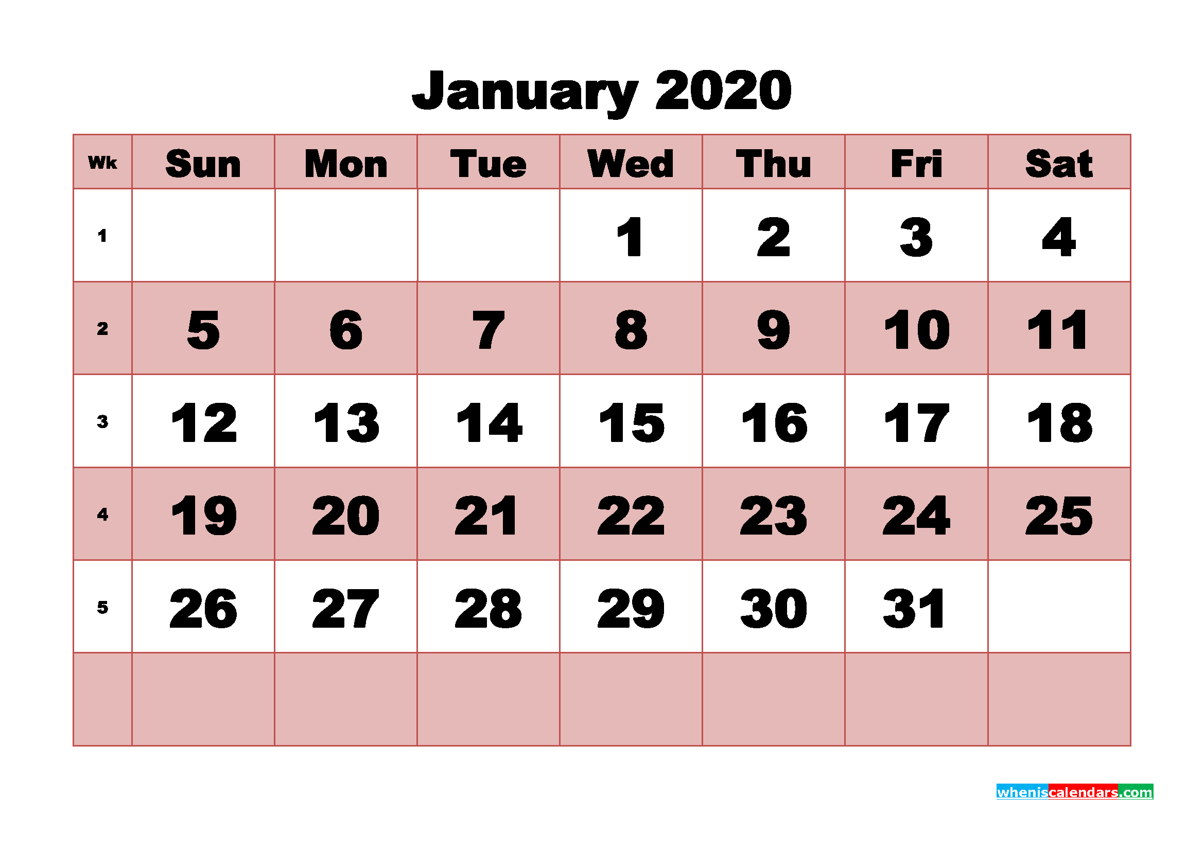 Printable Monthly Calendar 2020 January with Week Numbers