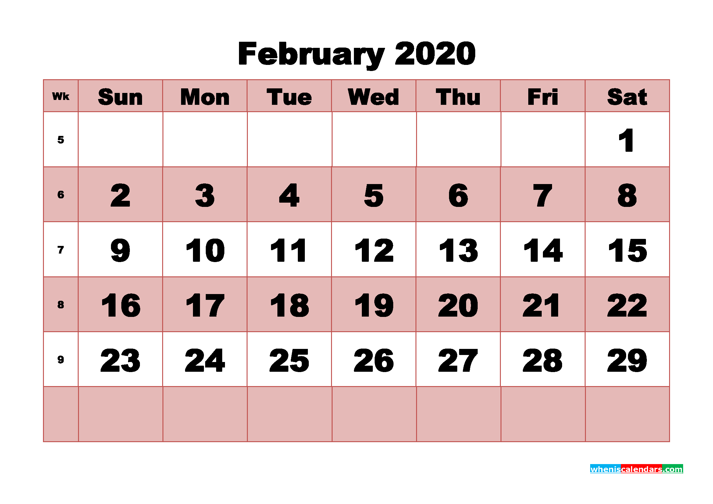 Printable Monthly Calendar 2020 February with Week Numbers