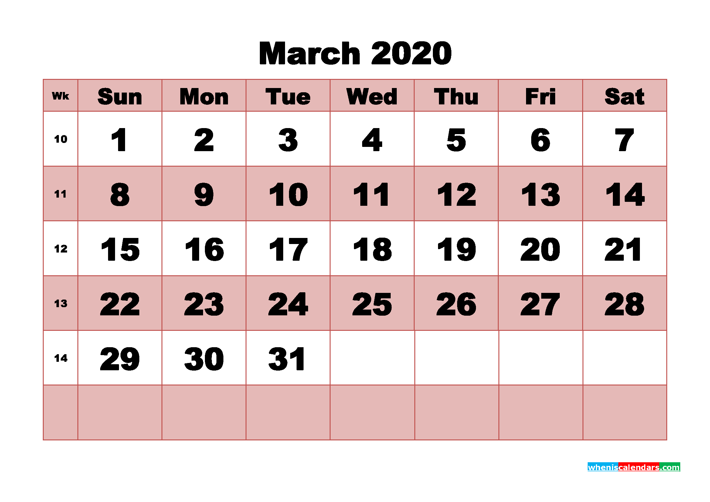 Printable Monthly Calendar 2020 March with Week Numbers