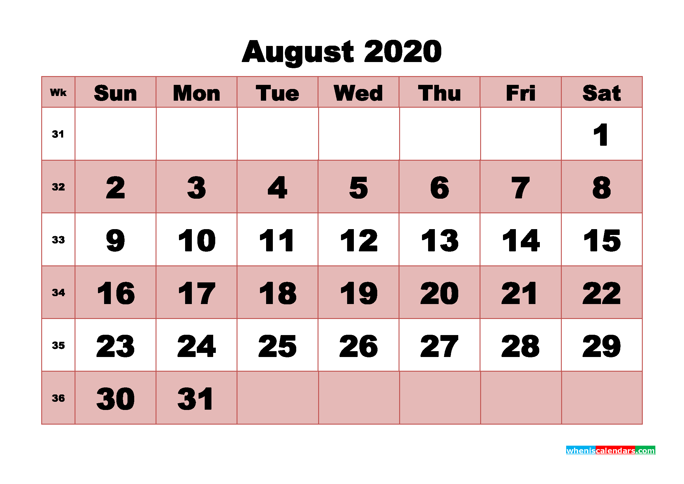 Printable Monthly Calendar 2020 August with Week Numbers