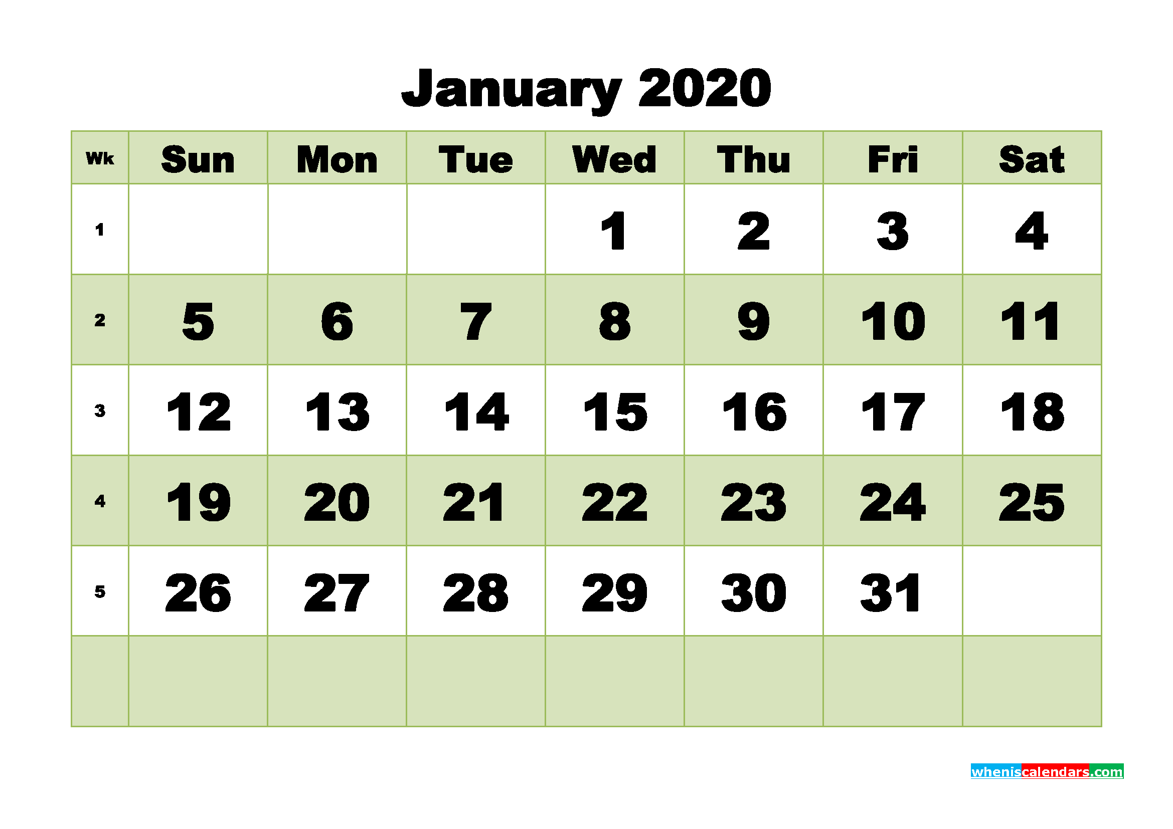 Blank January Calendar 2020 Printable Landscape Layout