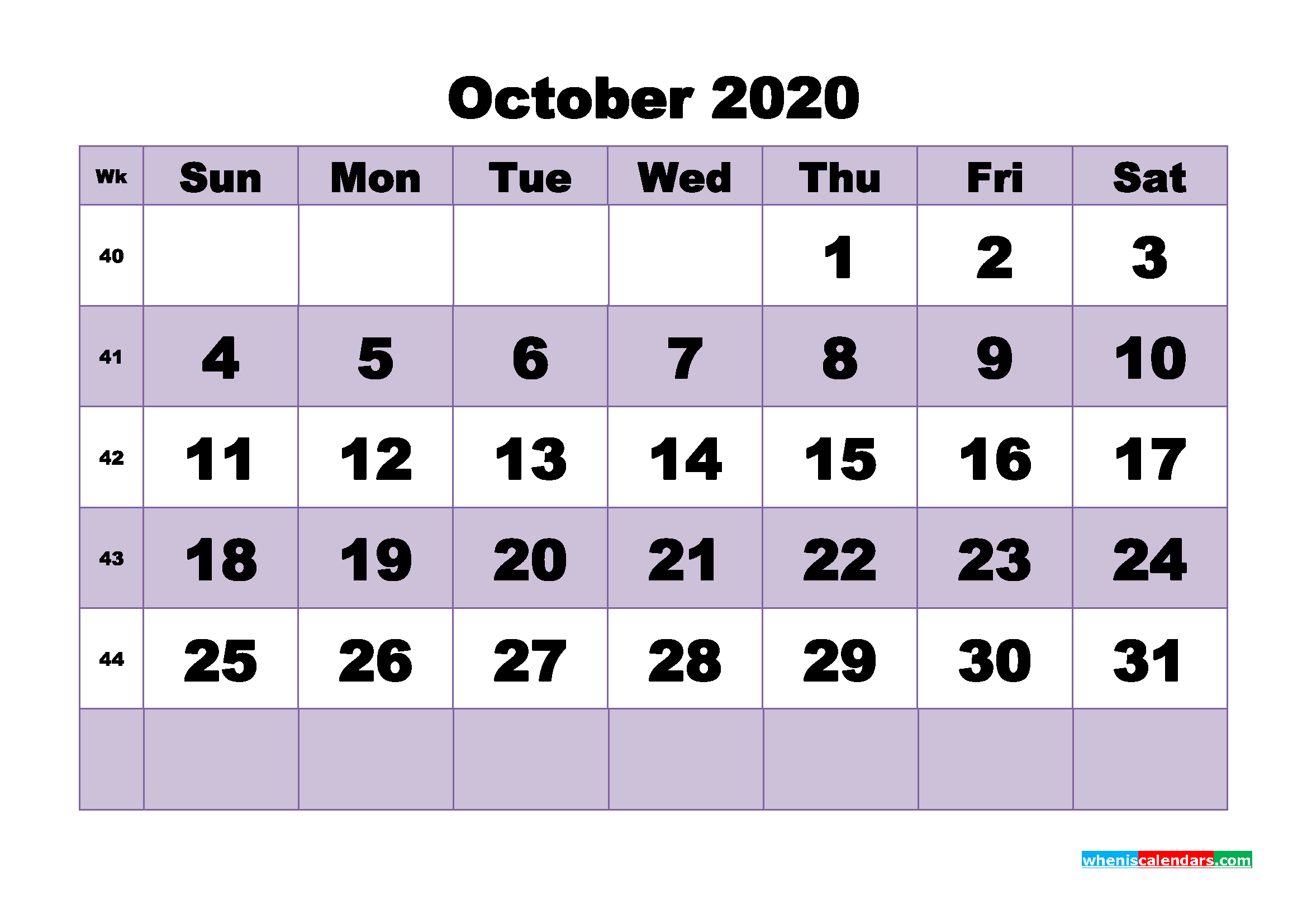 Monthly Printable Calendar 2020 October with Week Numbers