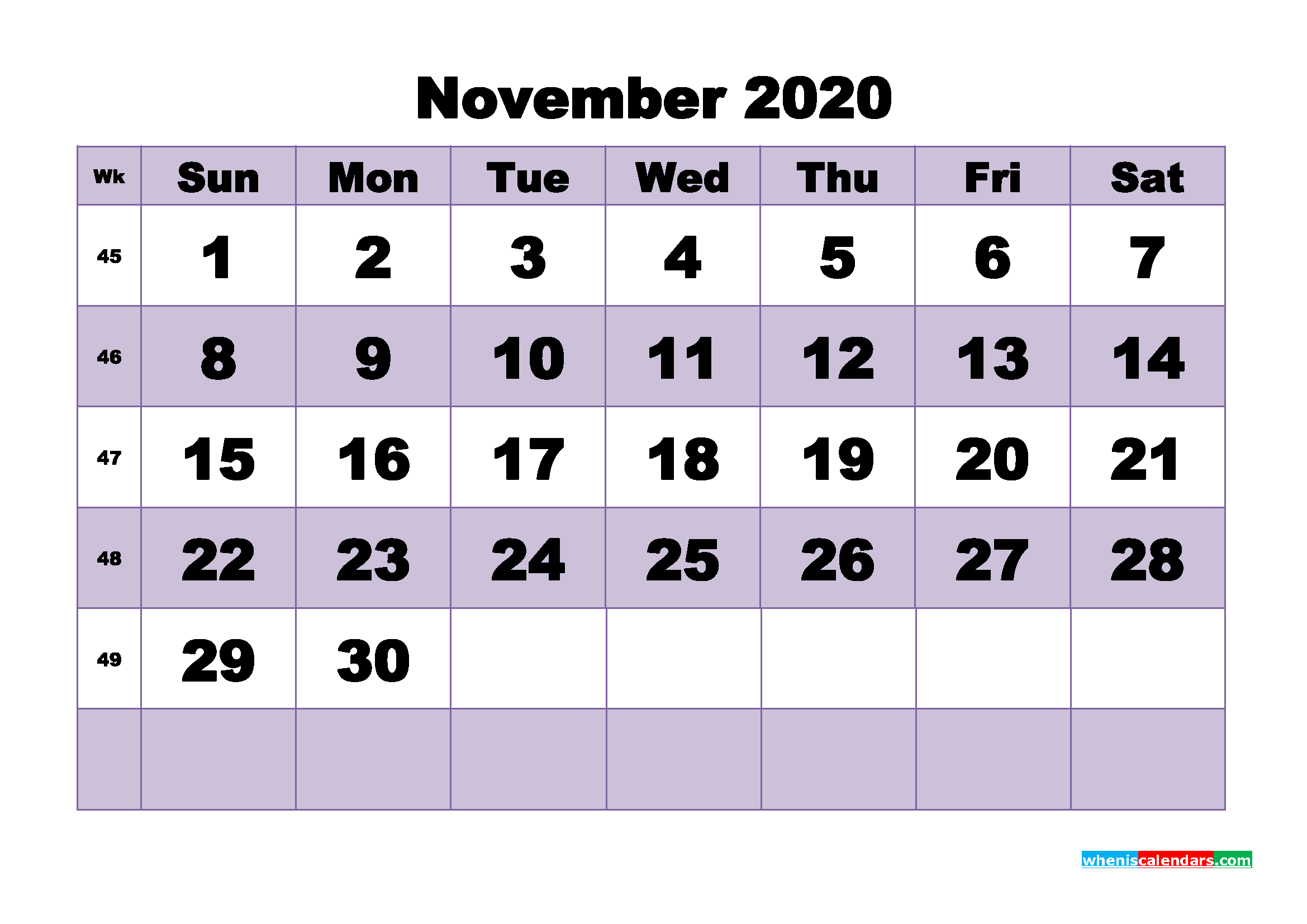Monthly Printable Calendar 2020 November with Week Numbers