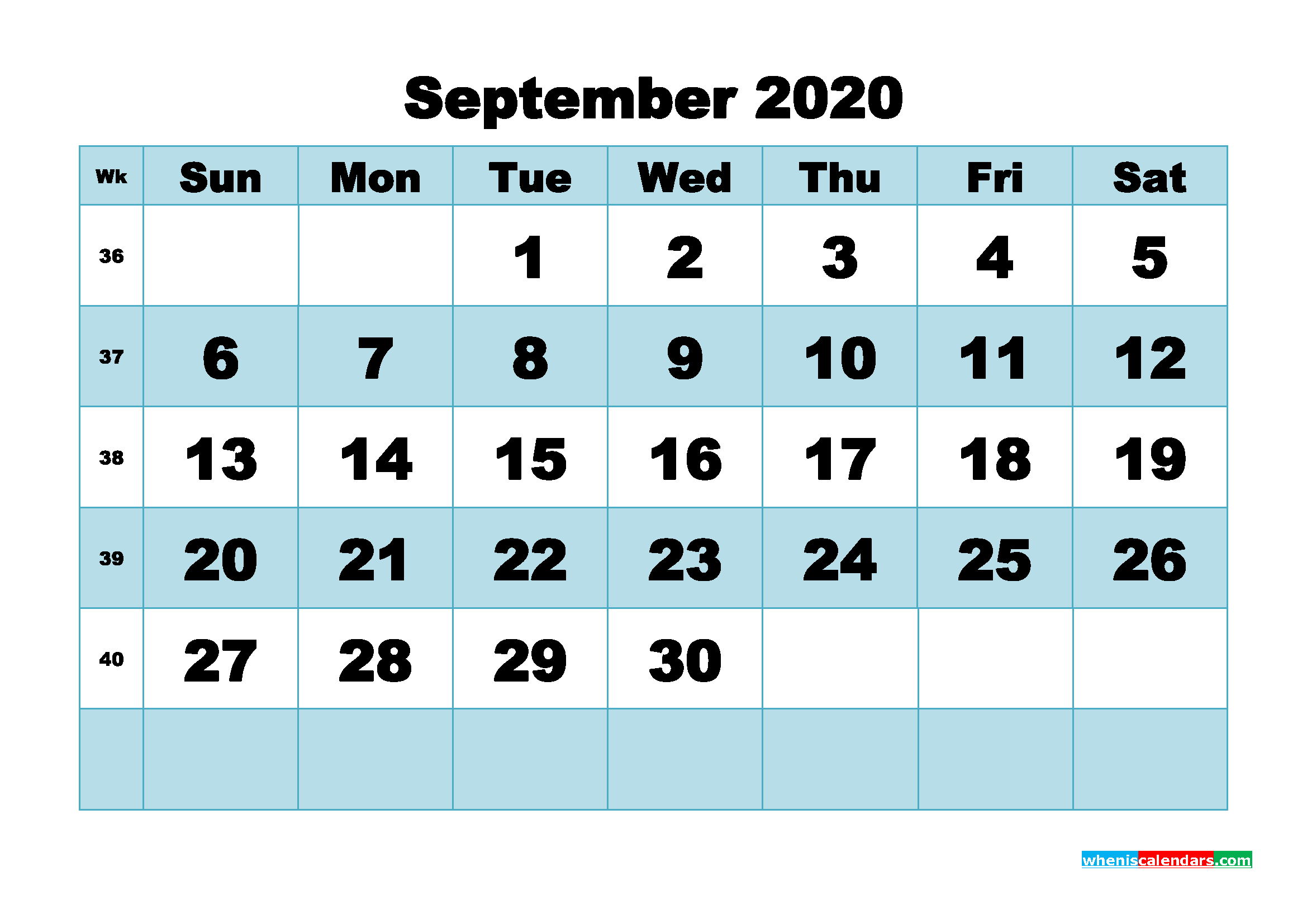 Printable 2020 Monthly Calendar with Week Numbers September