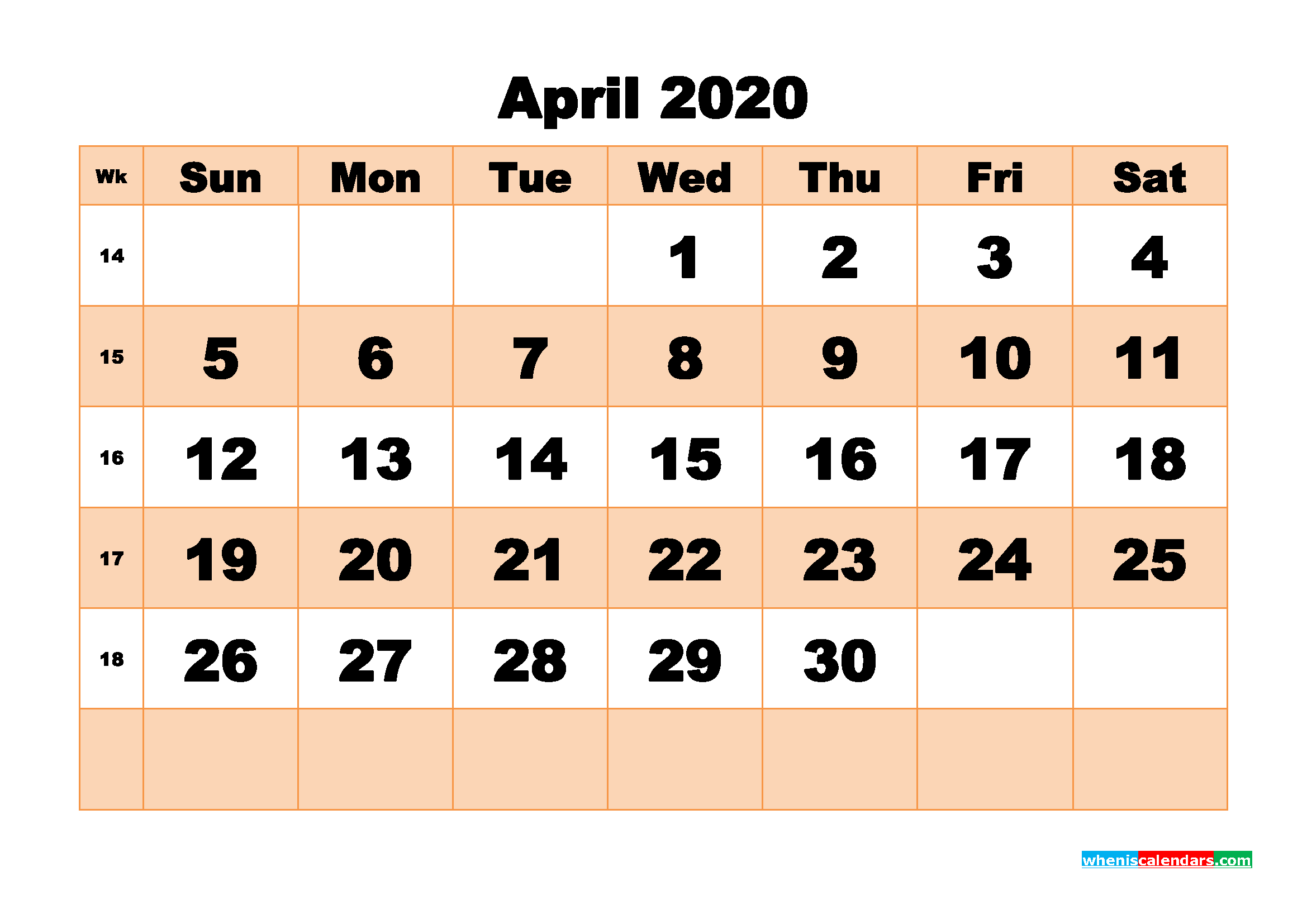 Free Printable Calendar April 2020 PDF, Word - No.m20b508