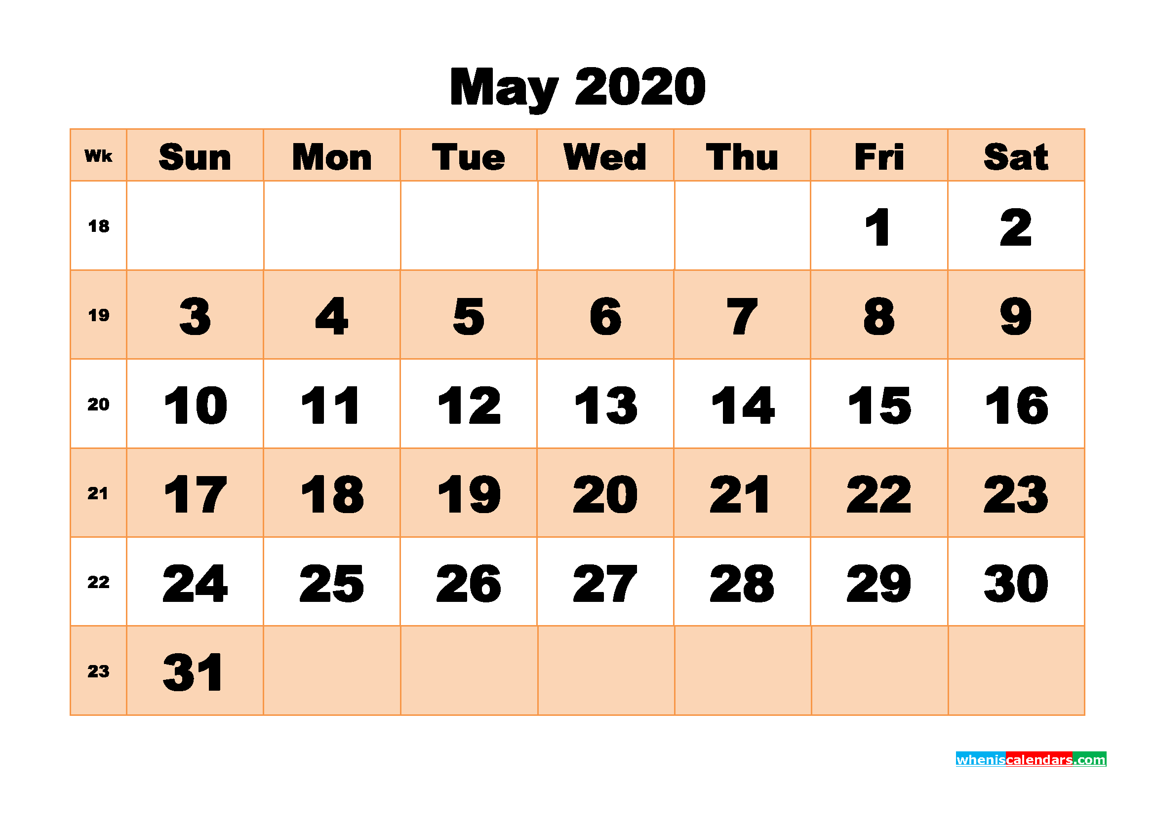 Free Printable Calendar May 2020 PDF, Word - No.m20b509