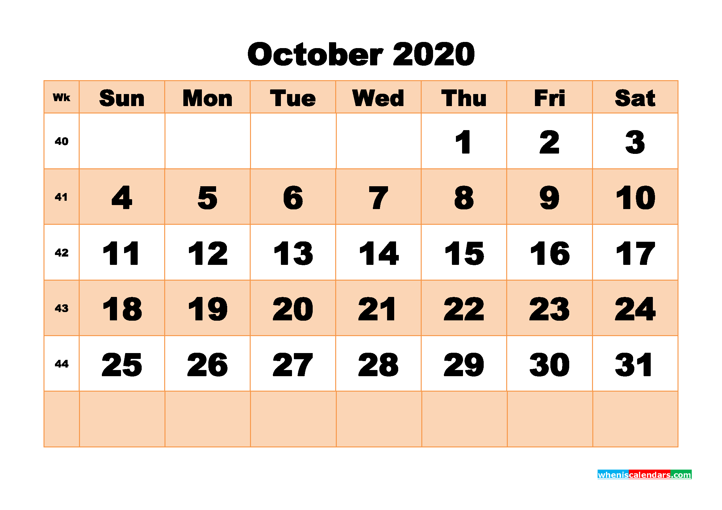 October 2020 Blank Calendar Printable Landscape Layout