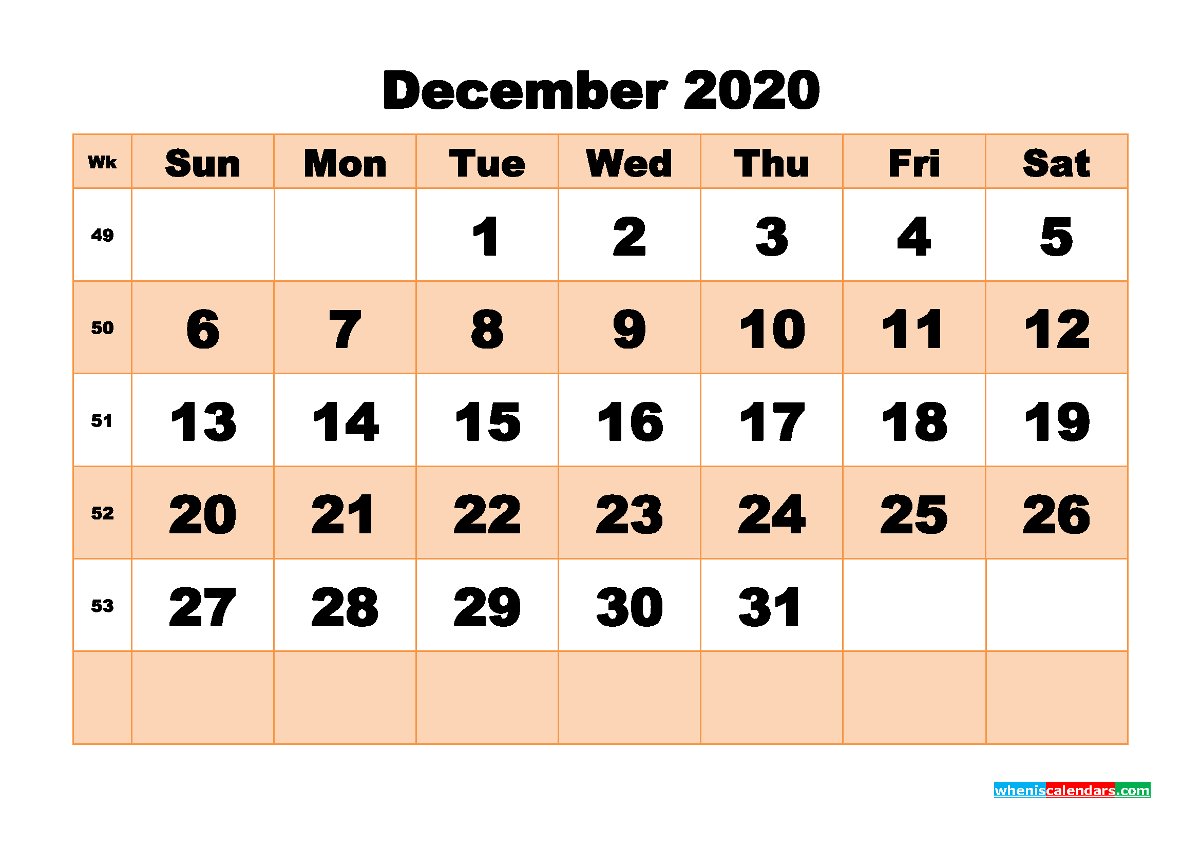 Printable 2020 Monthly Calendar with Week Numbers December