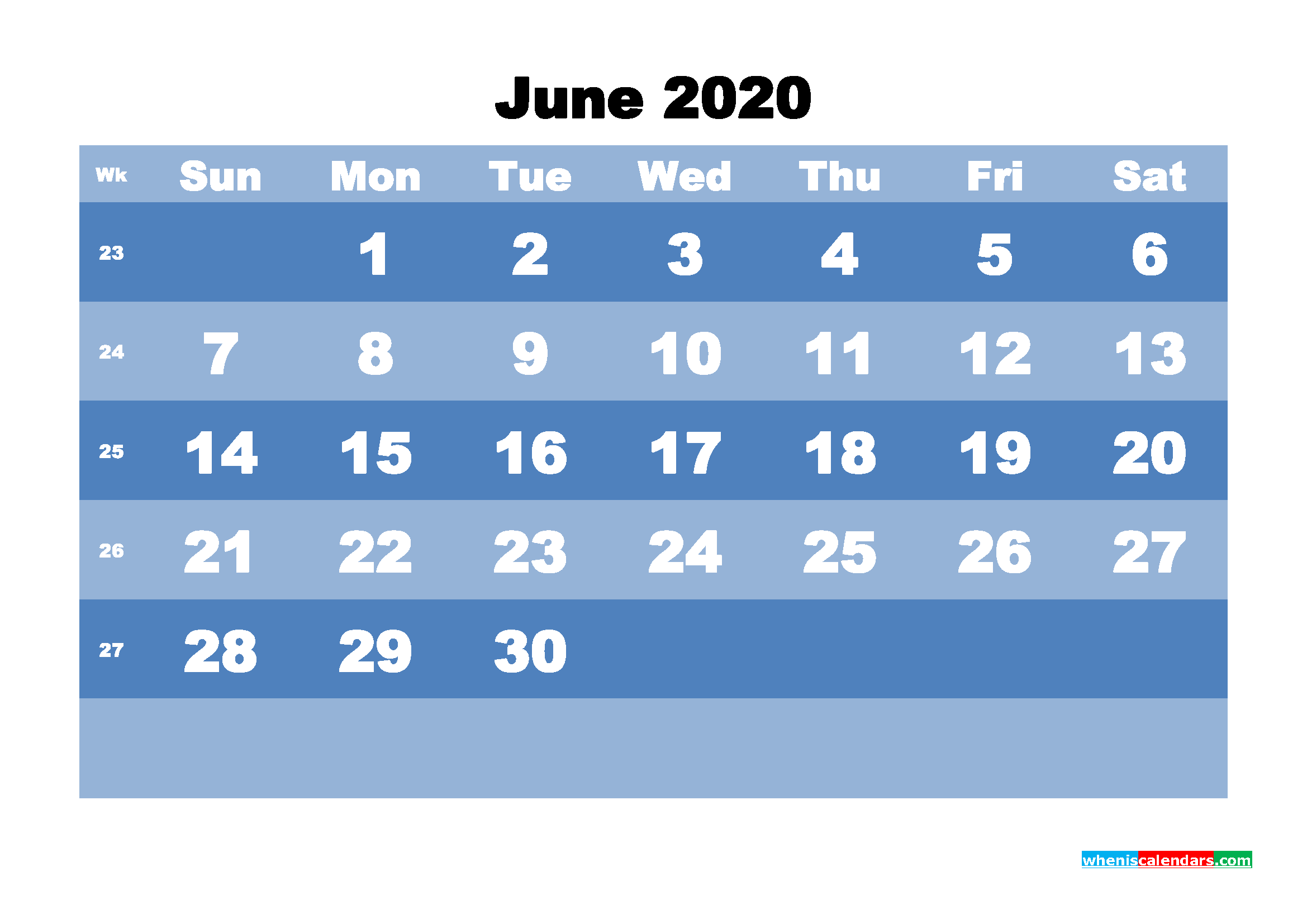 Blank Calendar for June 2020 Printable Word Format