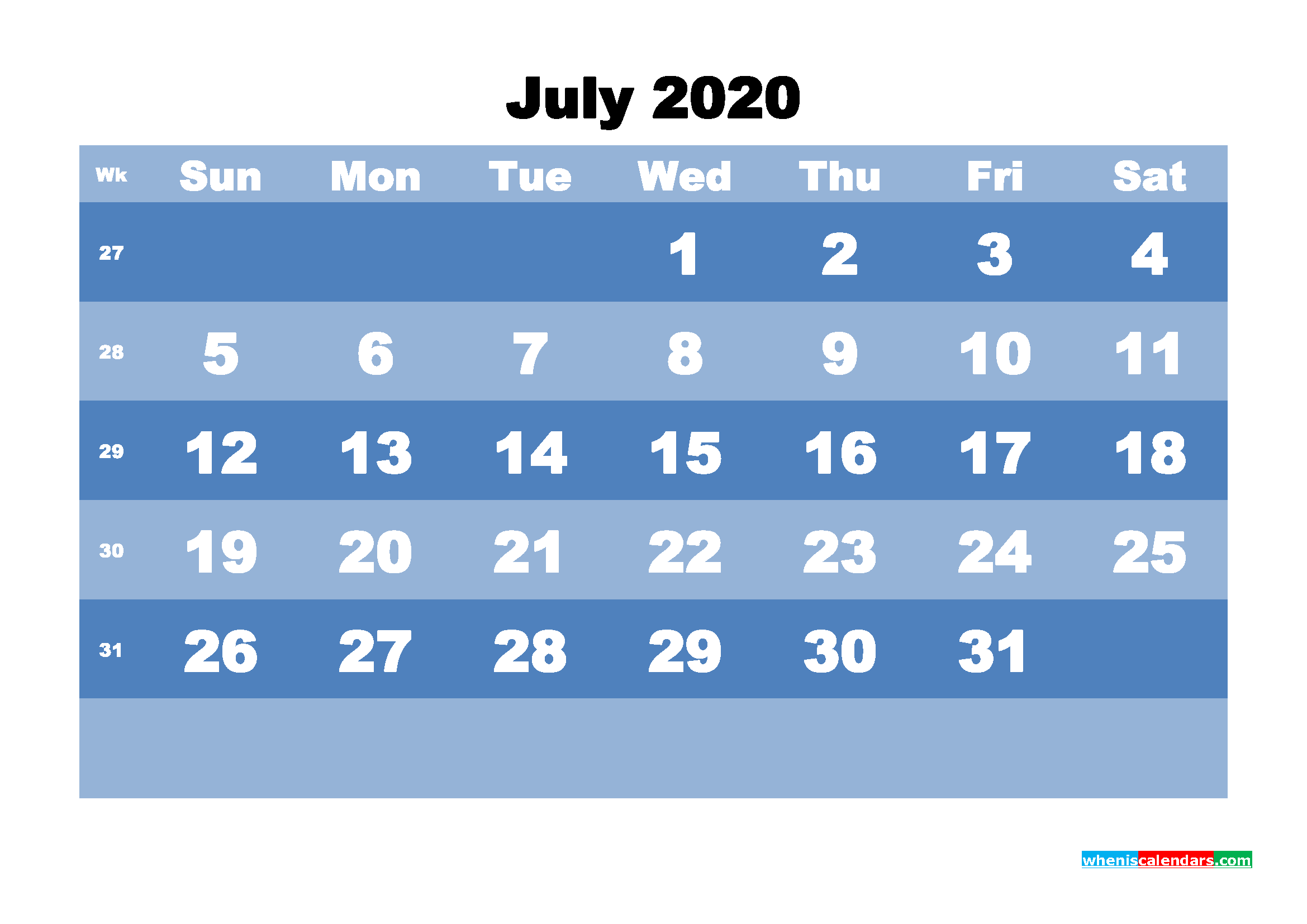 July 2020 Monthly Calendar Template Word