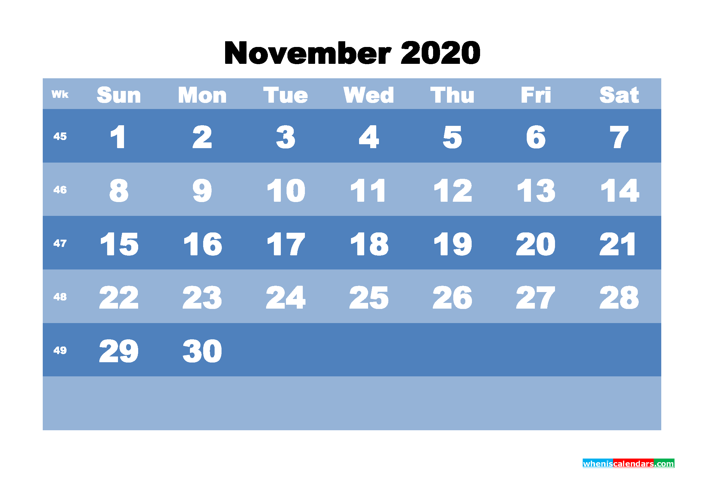 Blank Calendar for November 2020 Printable Word Format