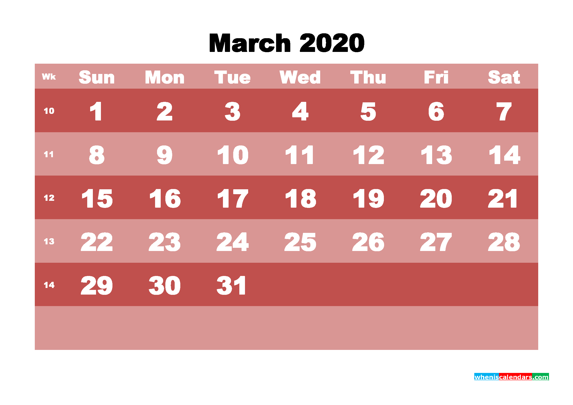 Printable Monthly Calendar 2020 March with Week Numbers