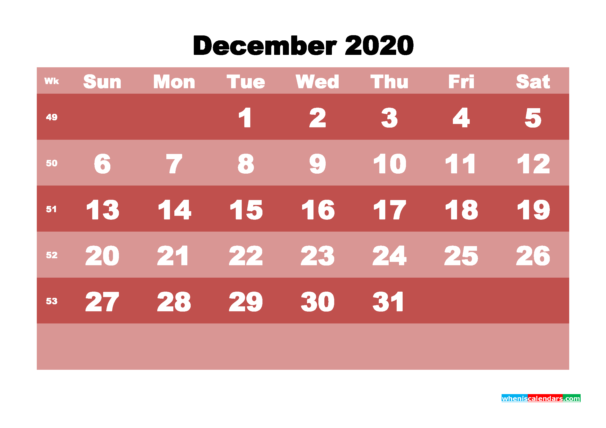 Printable Monthly Calendar 2020 December with Week Numbers