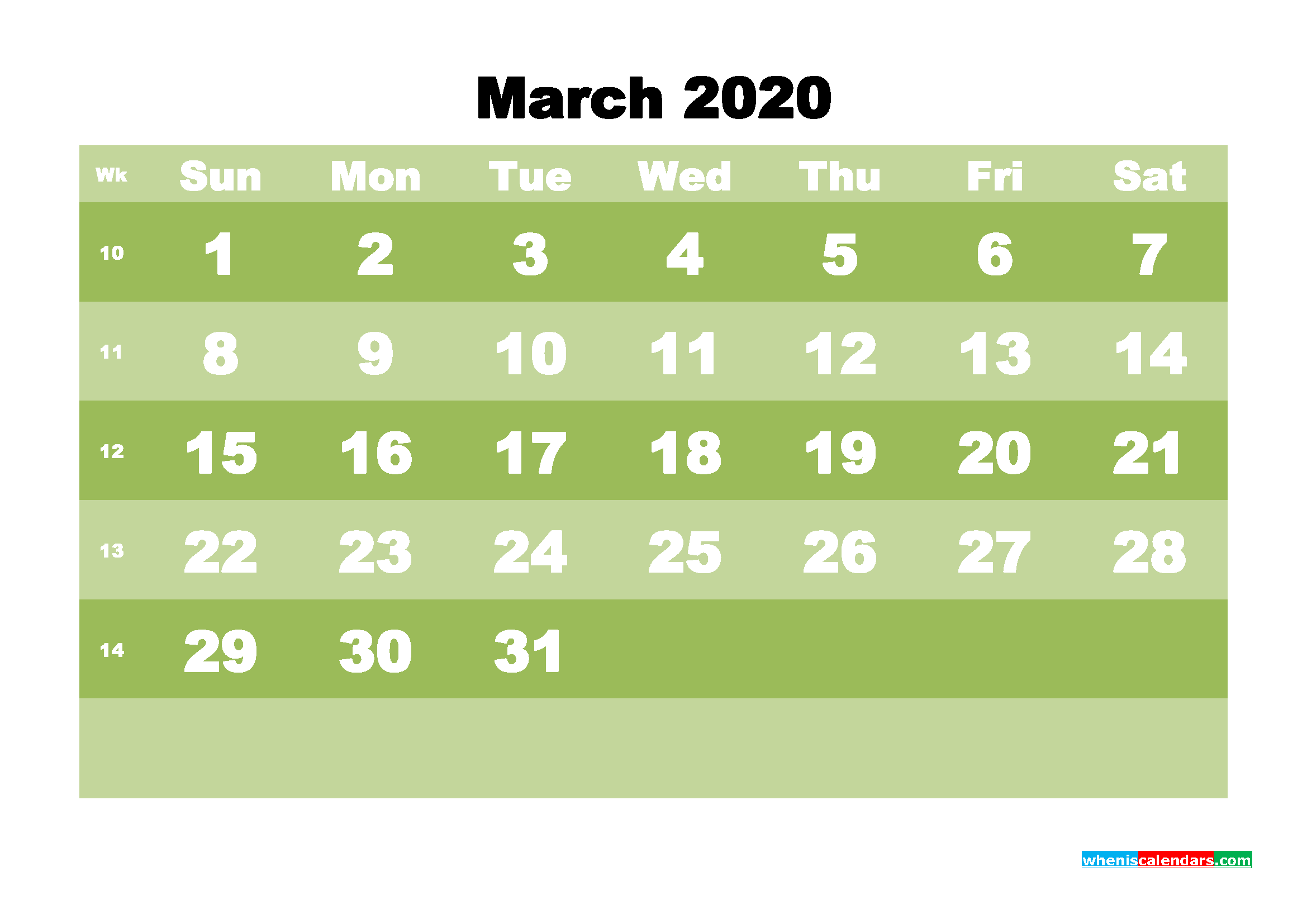March 2020 Monthly Calendar Template Word