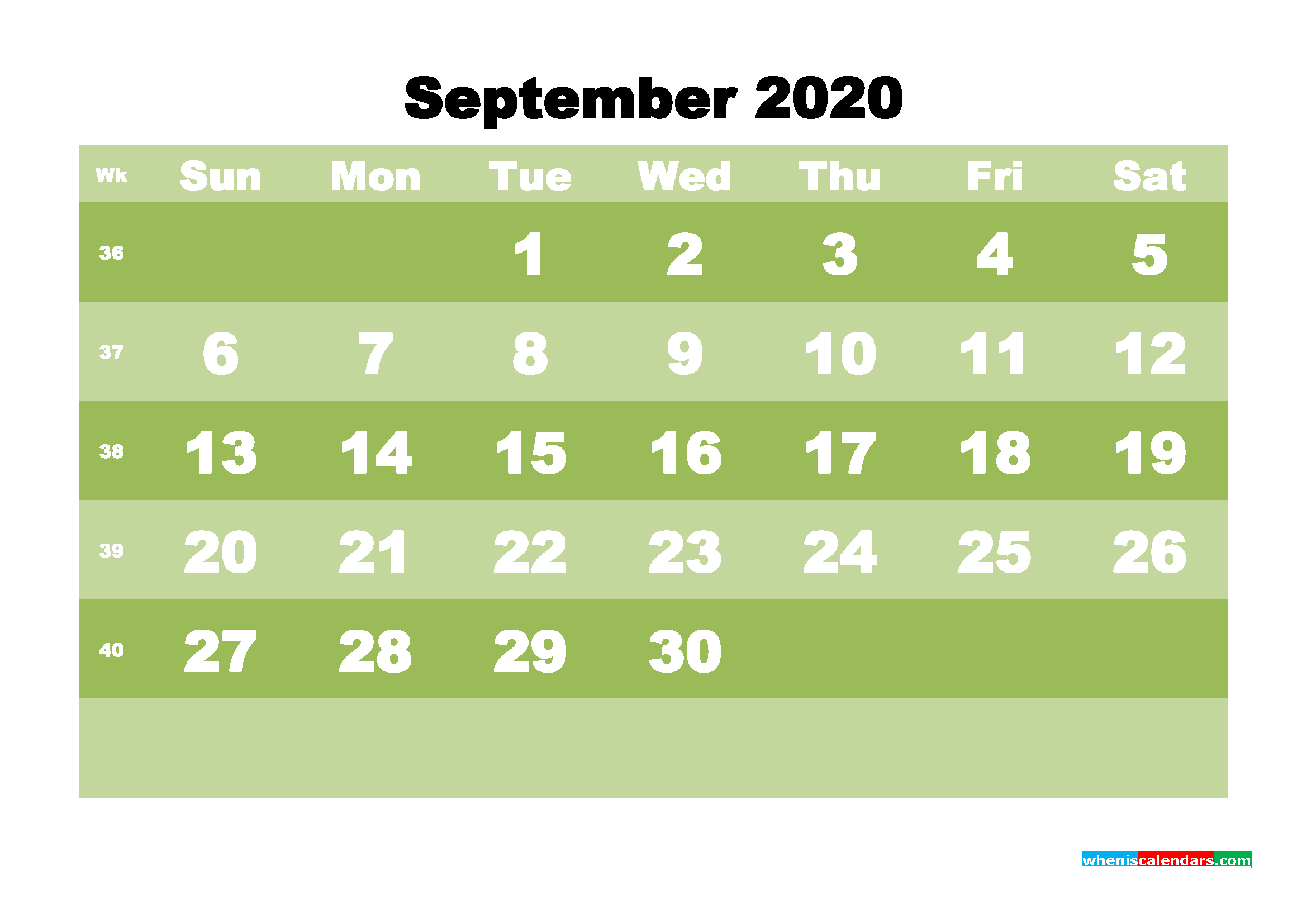 September 2020 Monthly Calendar Template Word
