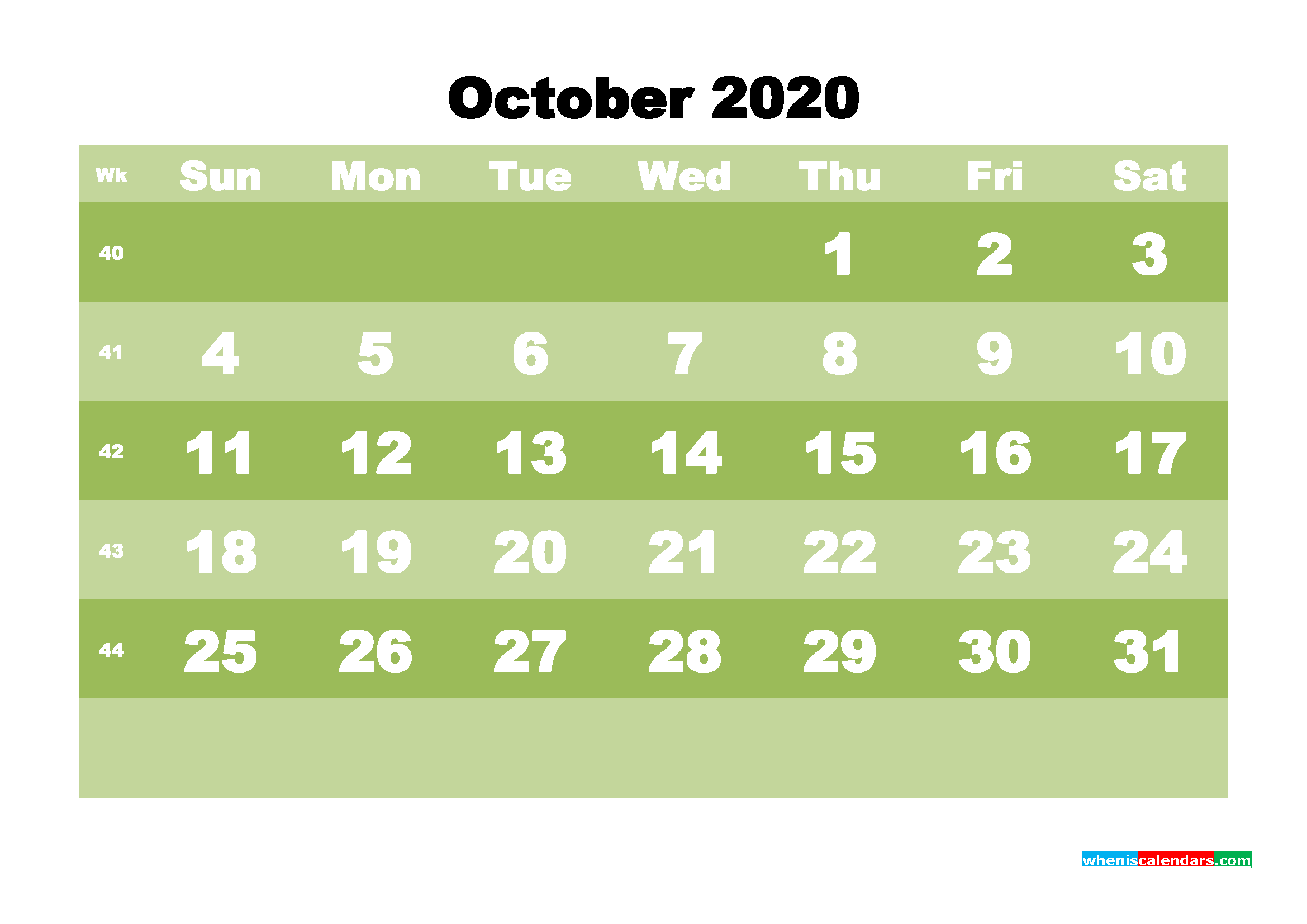 October 2020 Monthly Calendar Template Word