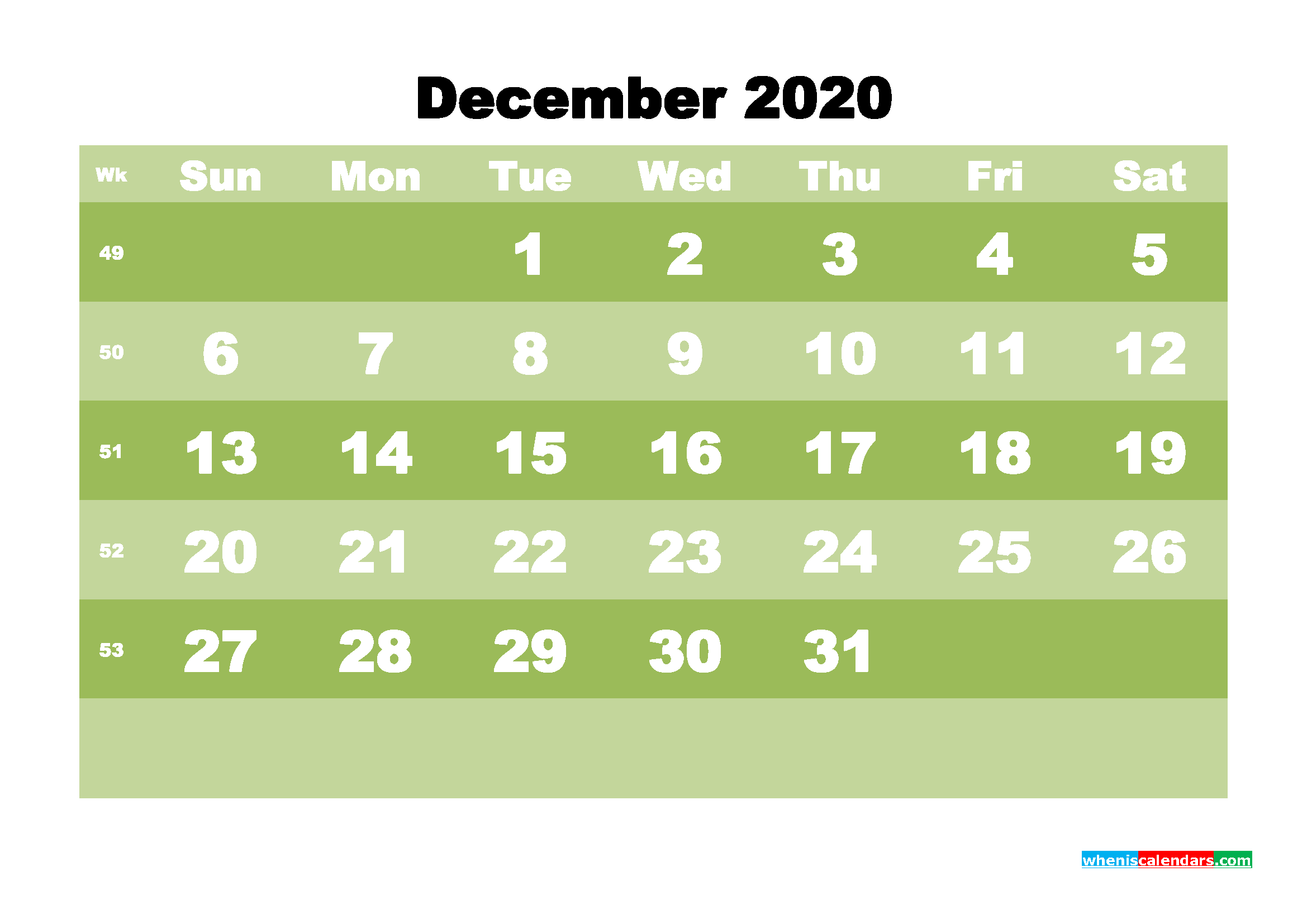 Blank 2020 December Calendar Printable Landscape Layout