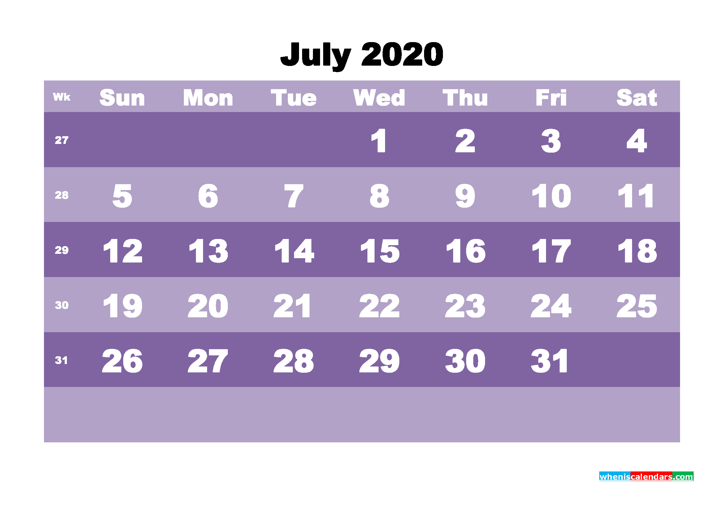 Monthly Printable Calendar 2020 July with Week Numbers