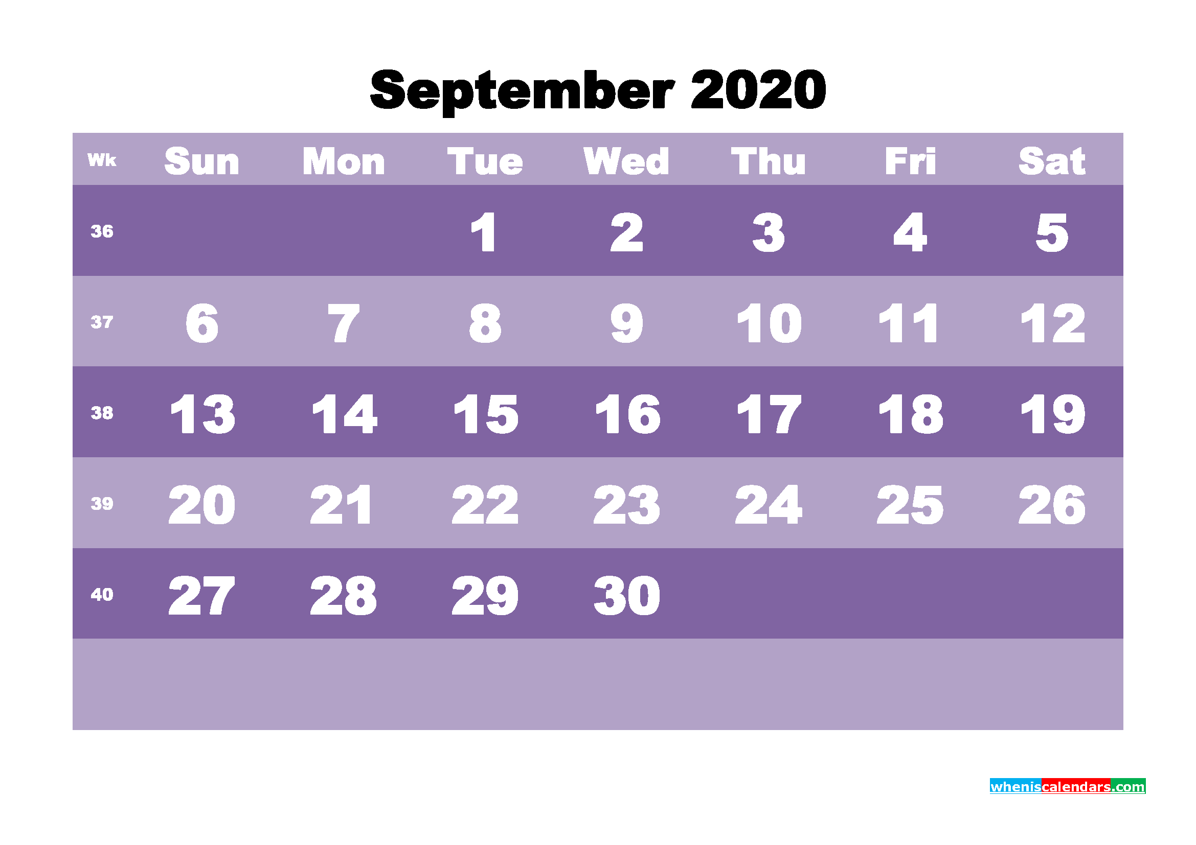 Monthly Printable Calendar 2020 September with Week Numbers