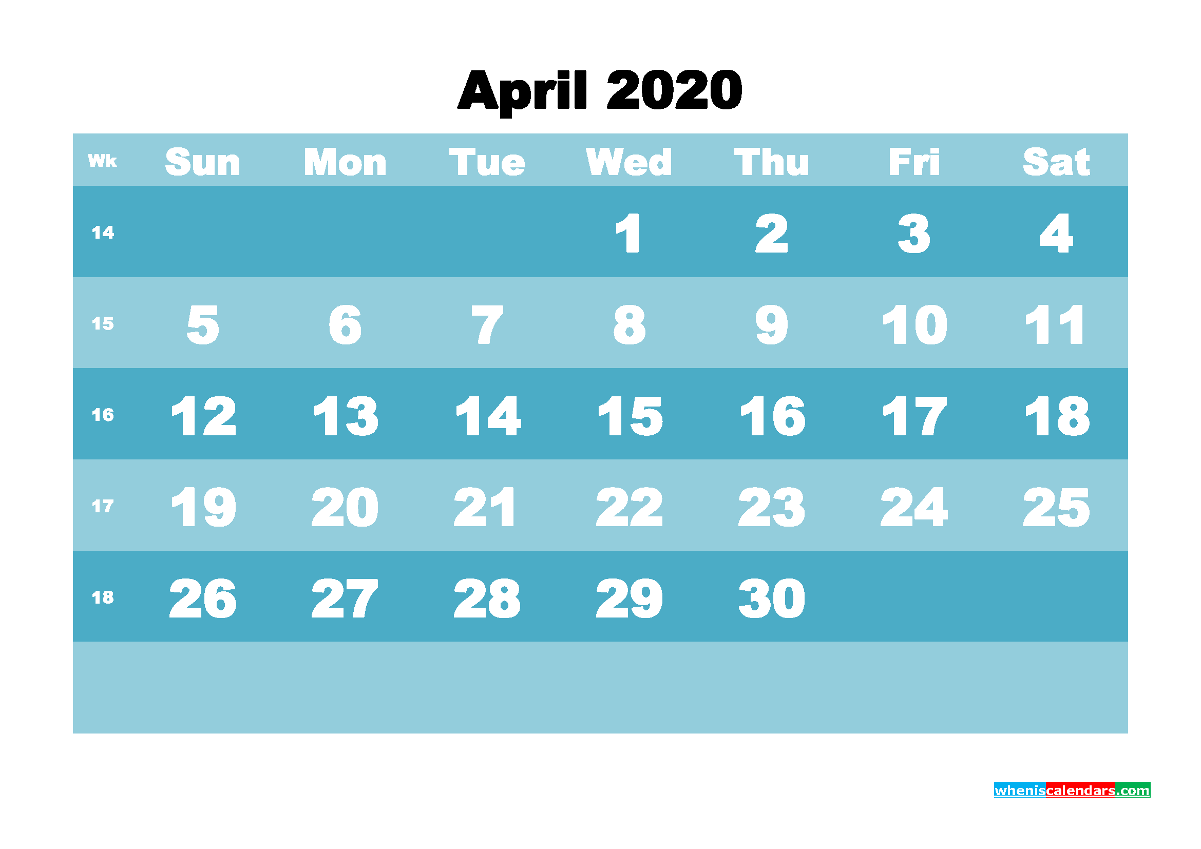 Printable 2020 Monthly Calendar with Week Numbers April