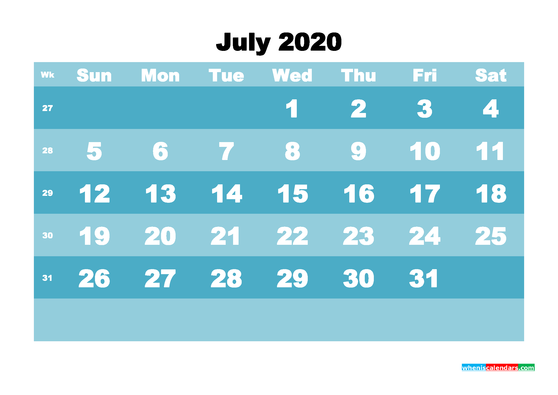 Blank July Calendar 2020 Printable Landscape Layout