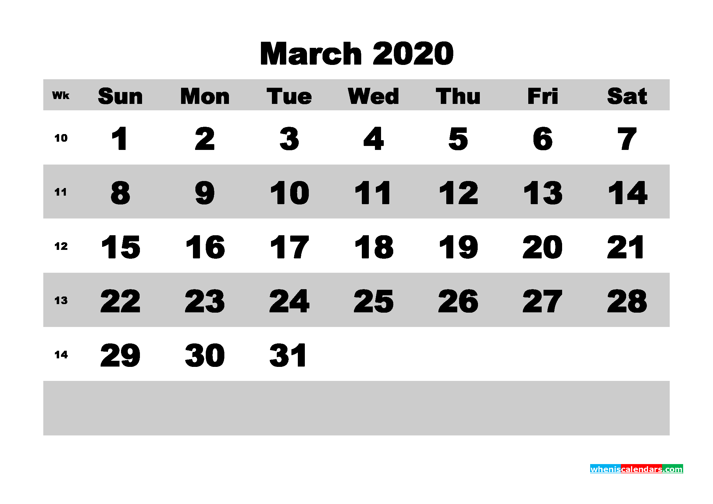 March 2020 Monthly Calendar Template Word