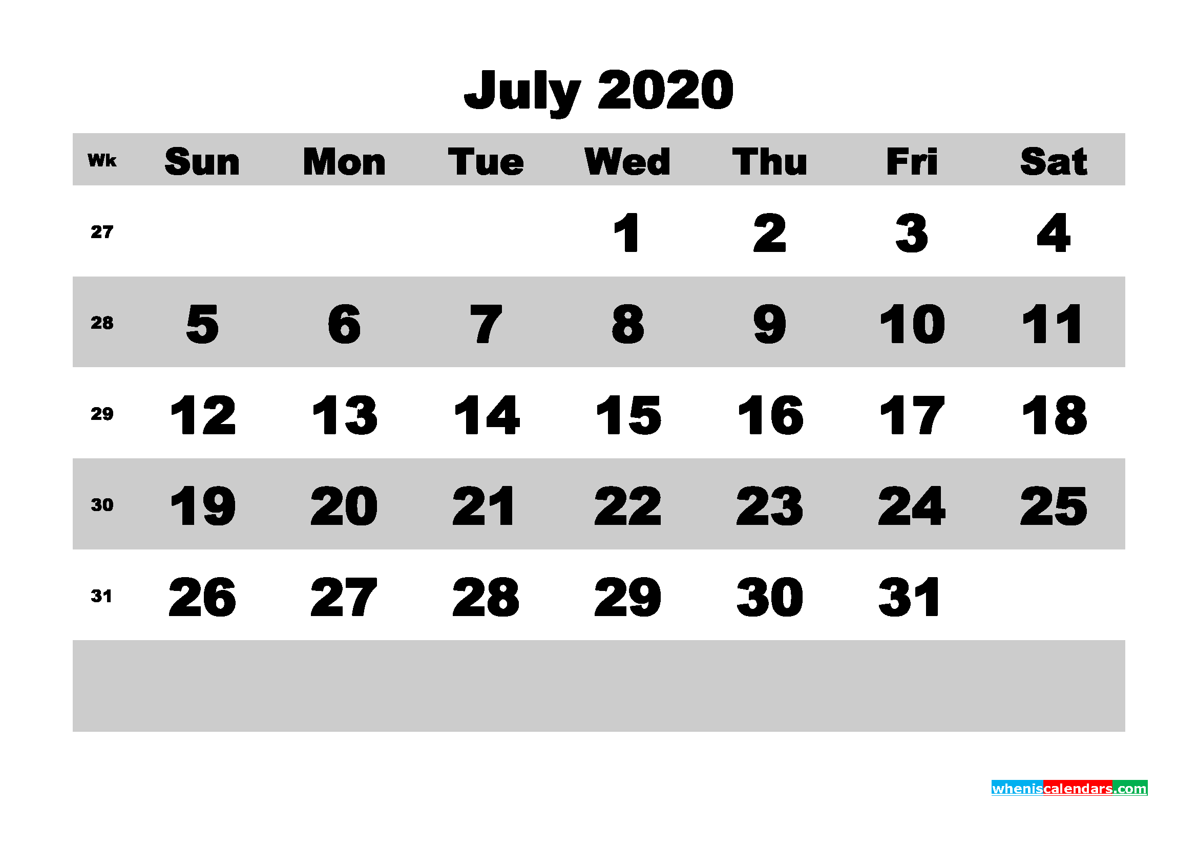 Blank Calendar July 2020 Printable Word, PDF, PNG