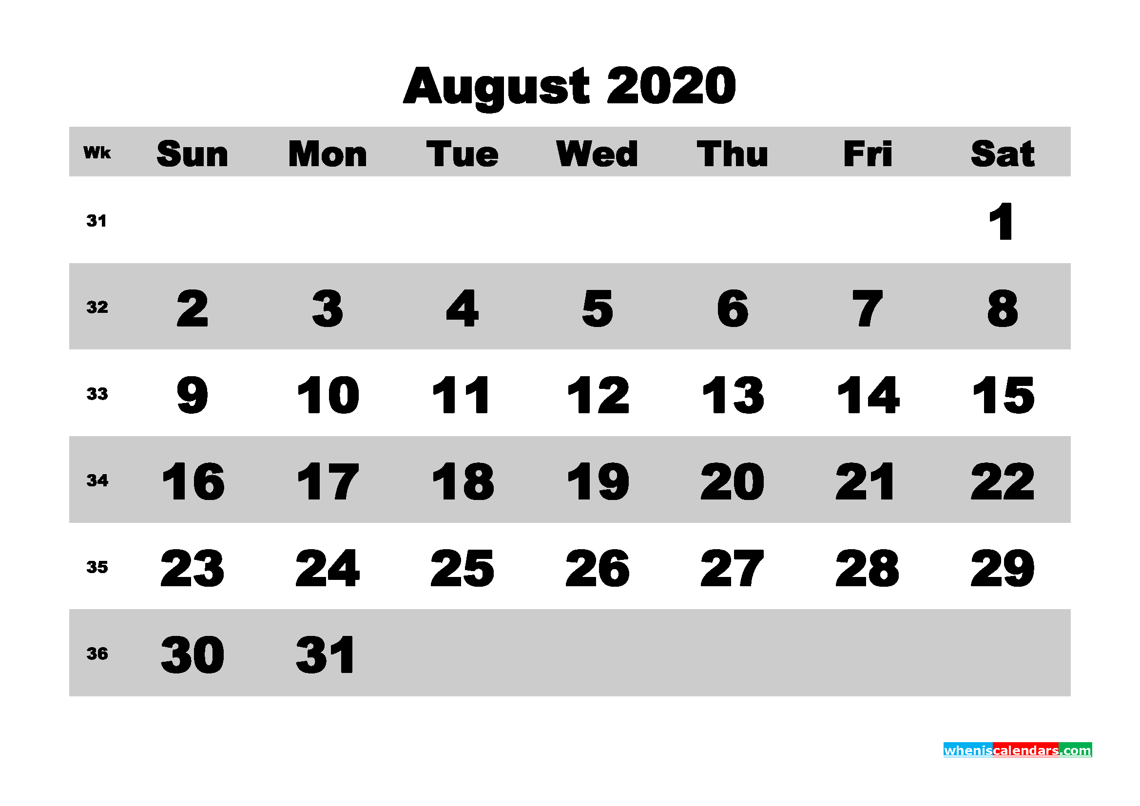 Blank Calendar August 2020 Printable Word, PDF, PNG