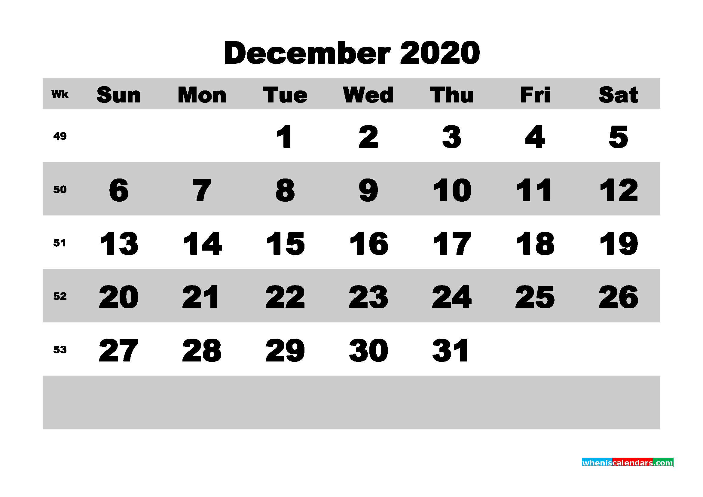 Blank Calendar December 2020 Printable Word, PDF, PNG