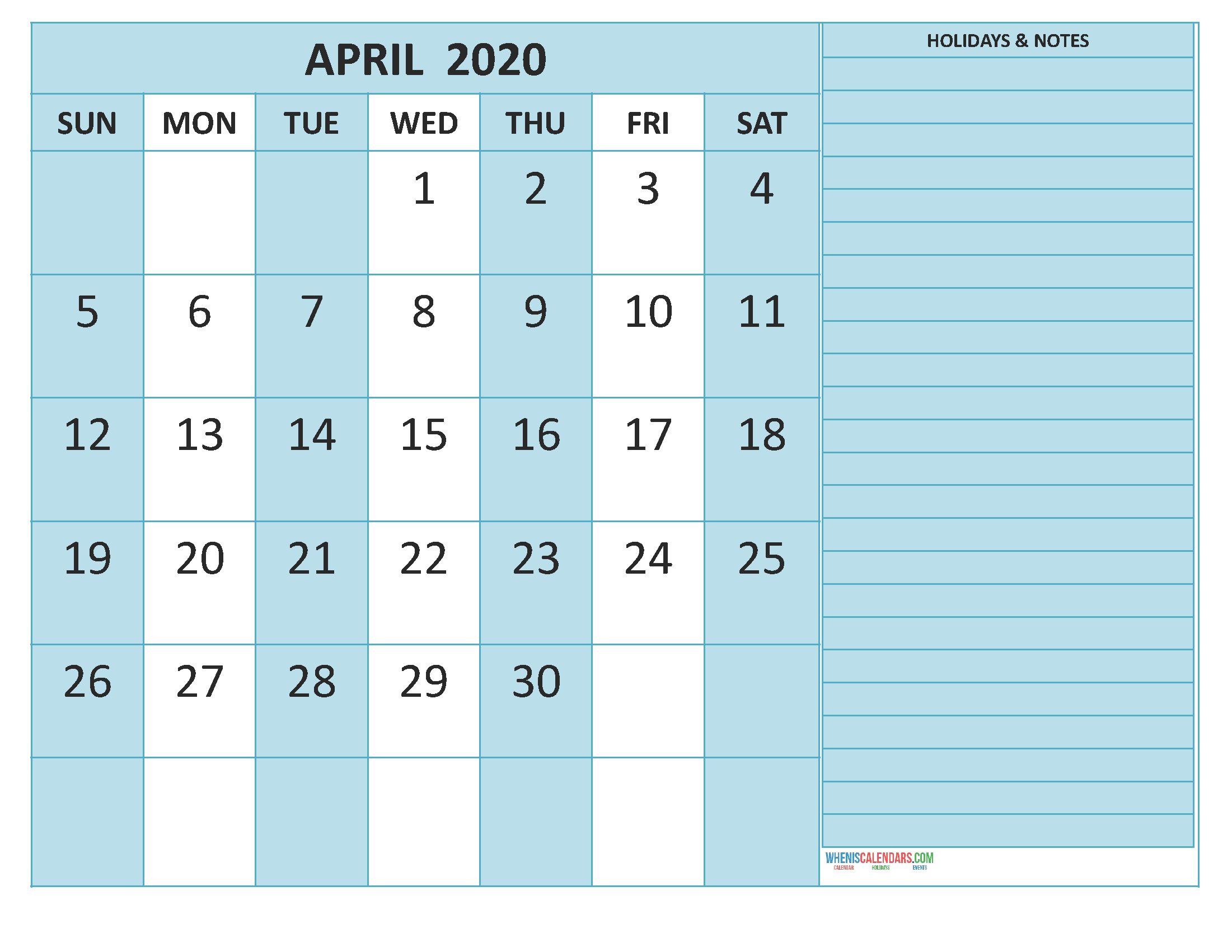 Free Printable April 2020 Calendar with Holidays